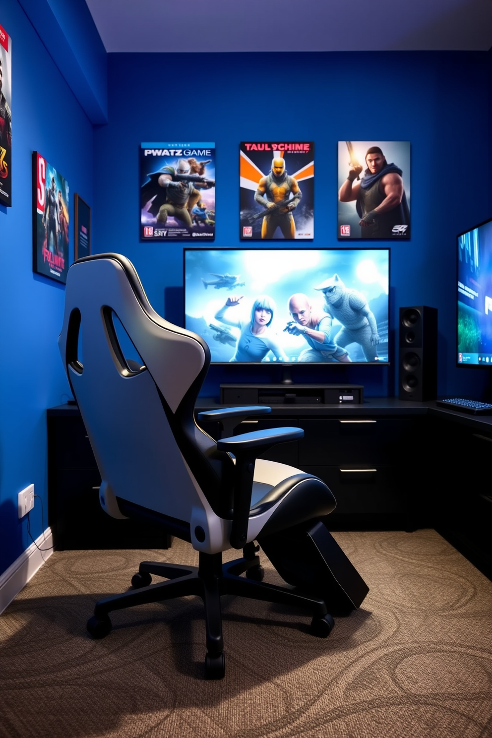 A modern game room featuring a sleek gaming chair designed for ergonomic support. The walls are painted in a vibrant blue, adorned with posters of popular video games, and a large screen is mounted for immersive gaming experiences.