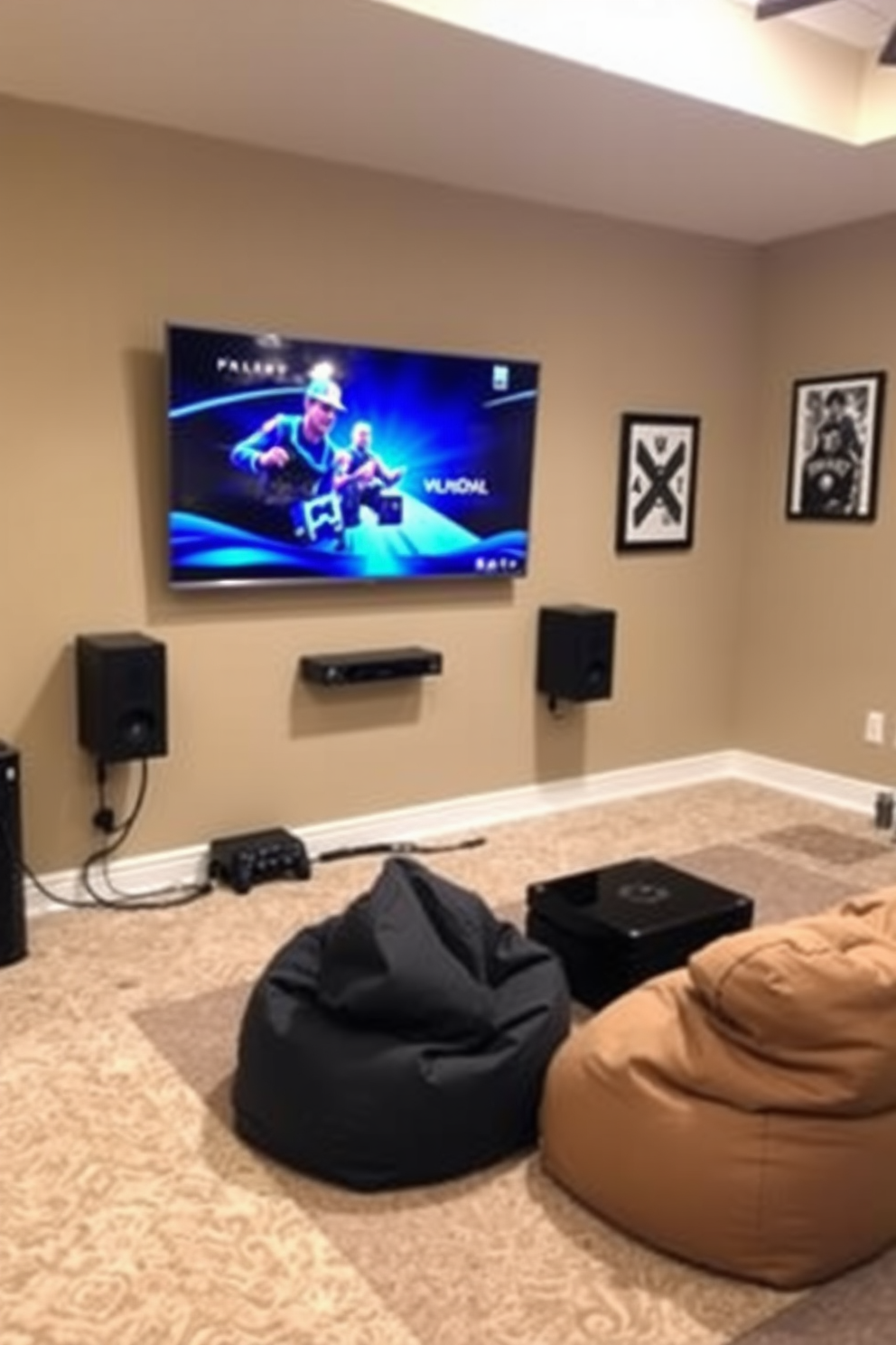 A boys game room with a wall-mounted TV positioned for the best viewing angle. The room features comfortable seating with bean bags and a modern gaming console setup.