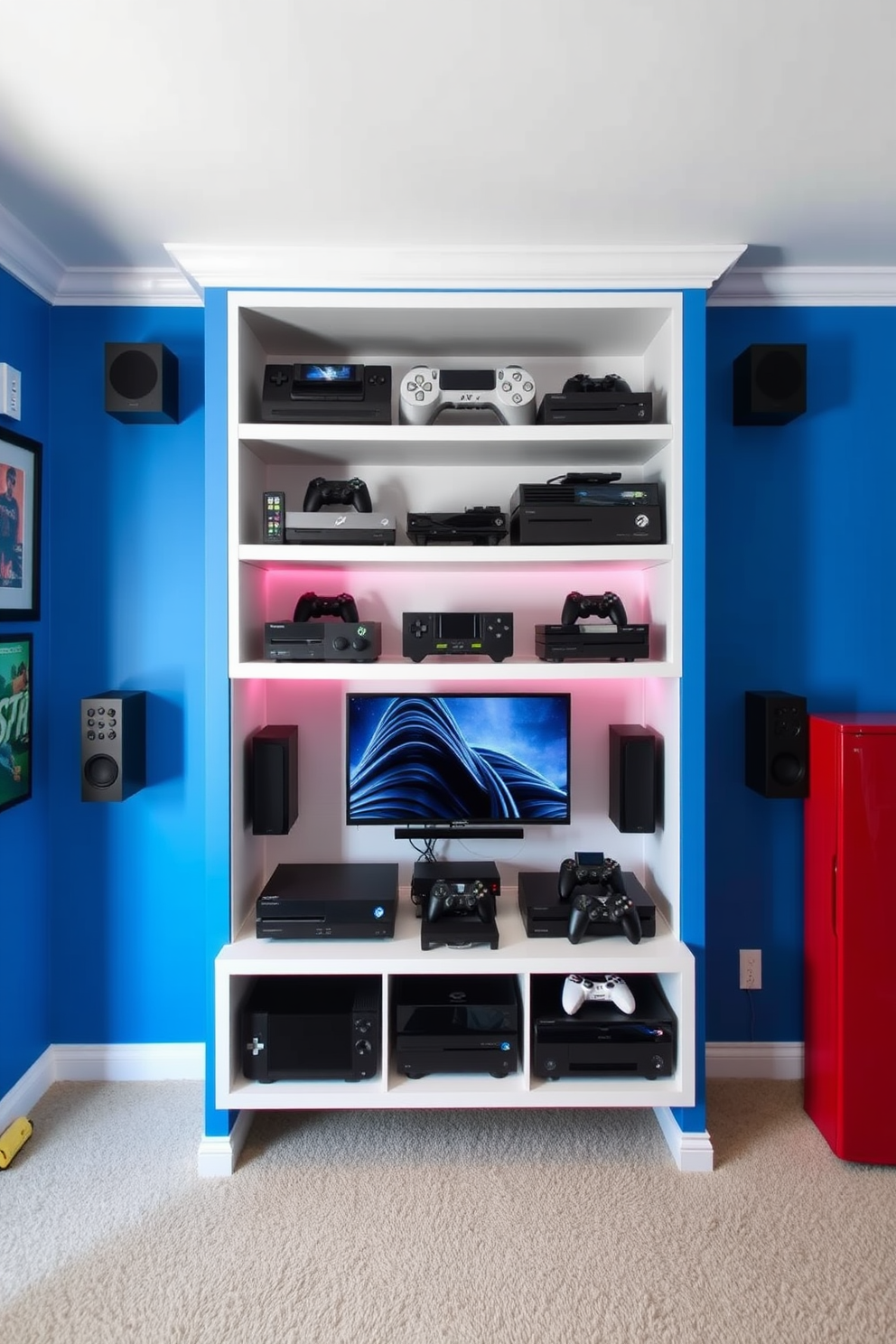 A vibrant boys game room featuring a custom shelving unit designed to showcase an impressive gaming console setup. The walls are painted in a bold blue hue, and the floor is covered with a soft, plush carpet for comfort during long gaming sessions.