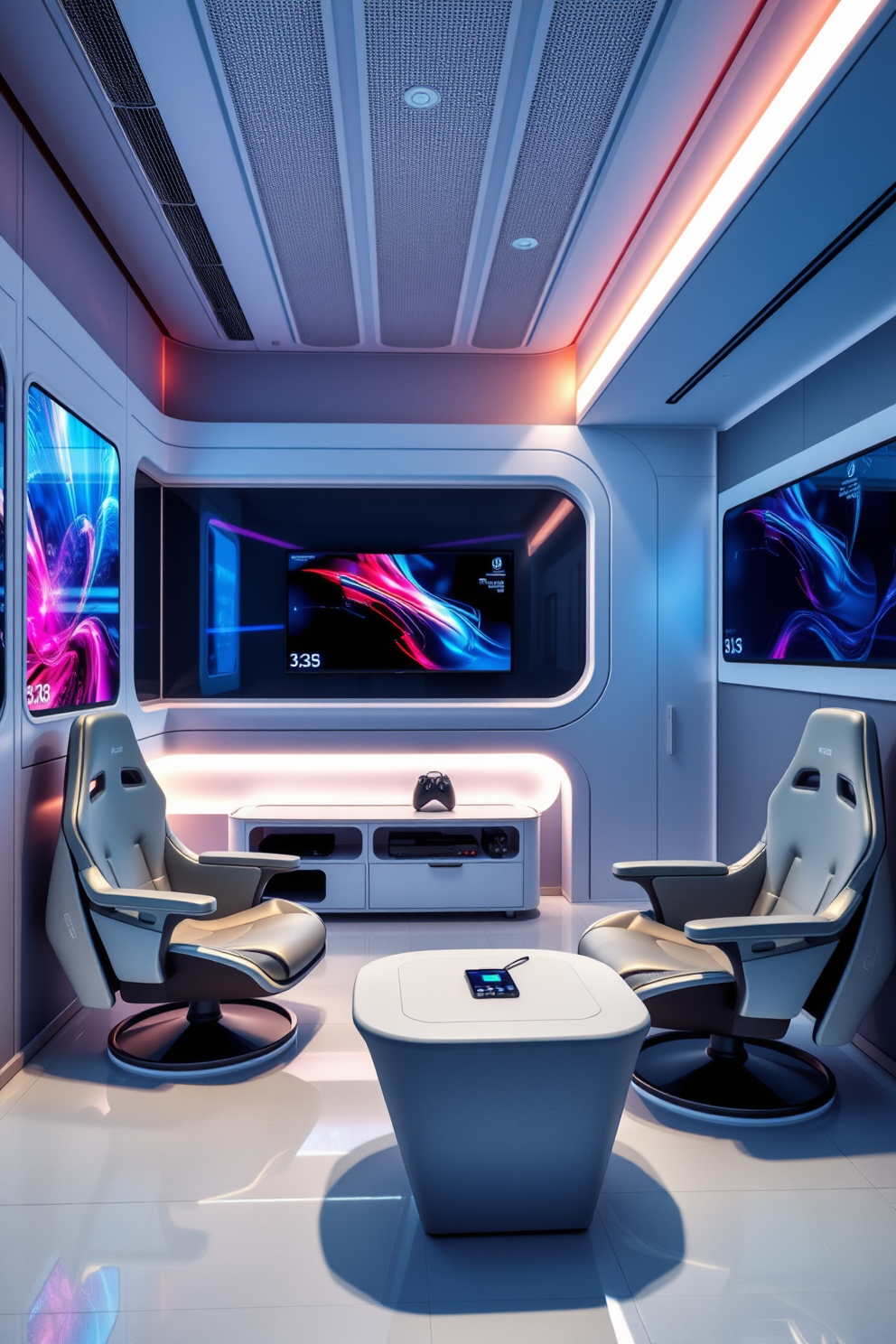 A futuristic tech-inspired room features sleek lines and a minimalist aesthetic. The walls are adorned with interactive screens that change colors and patterns, creating a dynamic atmosphere. In one corner, a high-tech gaming console is set against a wall with built-in LED lighting. Comfortable gaming chairs with ergonomic designs are positioned around a low, modern table that doubles as a charging station.