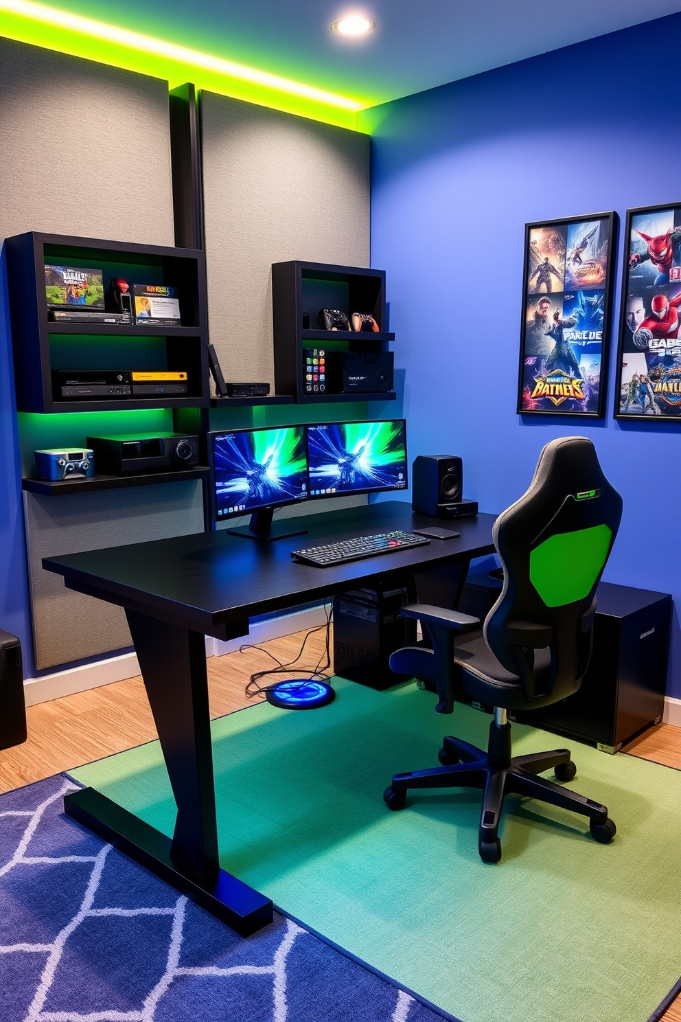 A modern DIY gaming desk with adjustable height features a sleek black finish and built-in LED lighting that changes colors. The desk is accompanied by ergonomic gaming chairs and wall-mounted shelves filled with game consoles and collectibles. The boys game room is designed with a vibrant color palette of blue and green, incorporating soundproofing panels for an immersive experience. A large area rug with a geometric pattern adds comfort, while framed artwork of popular video games decorates the walls.