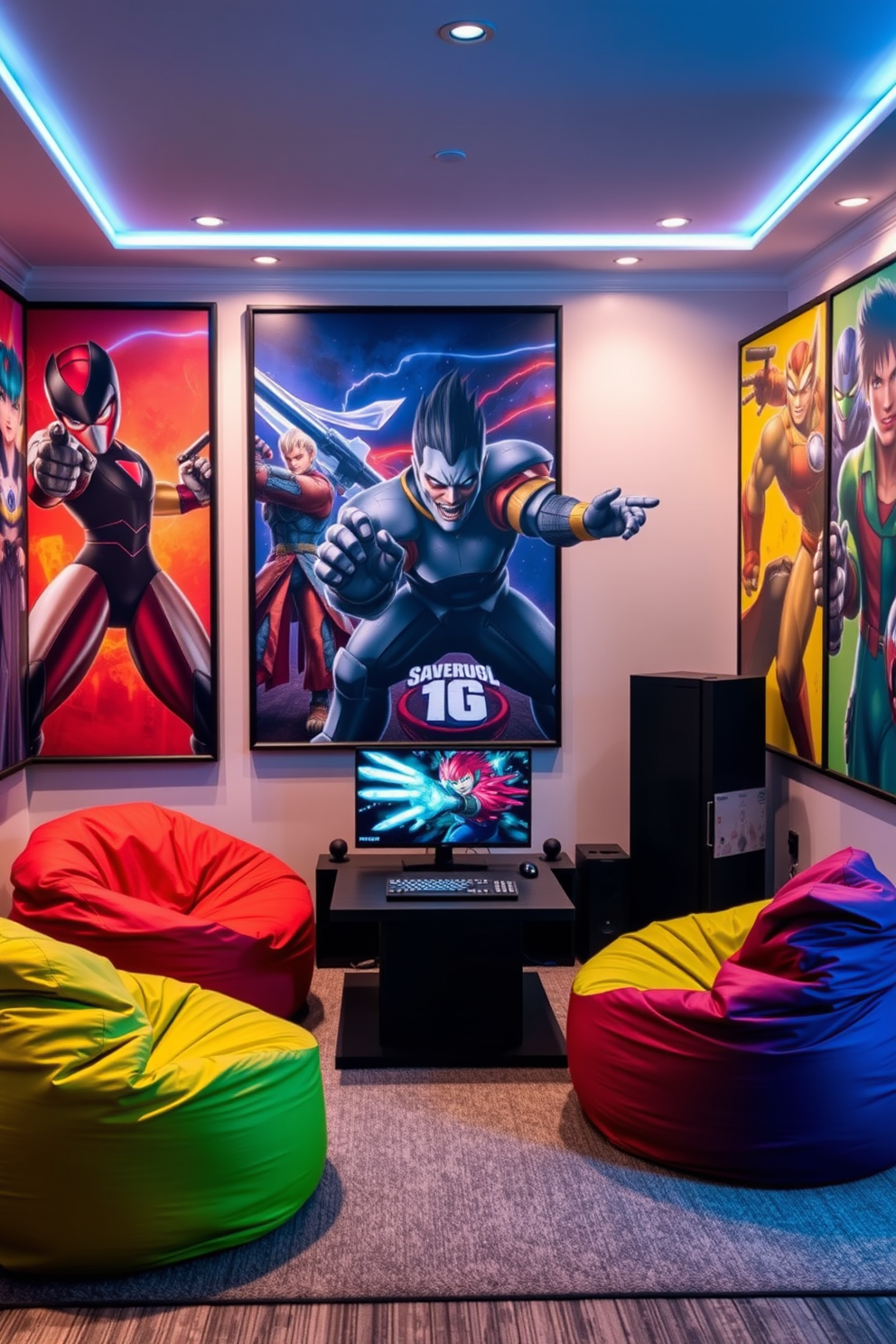 A vibrant game room filled with energy and creativity. The walls are adorned with large framed prints of iconic gaming characters in dynamic poses, showcasing a mix of colors and styles that reflect the gaming culture. In the center of the room, a sleek gaming console setup is complemented by comfortable bean bag chairs in bold hues. Soft LED lighting casts a playful glow, enhancing the atmosphere for gaming sessions with friends.