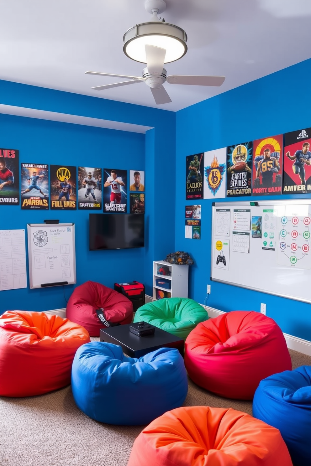 A vibrant boys game room filled with energy and excitement. The walls are painted in a bold blue hue, adorned with posters of popular video games and sports teams. In one corner, a large interactive whiteboard is mounted, ideal for brainstorming game strategies. Plush bean bags in bright colors are scattered around a low coffee table, creating a cozy space for friends to gather.