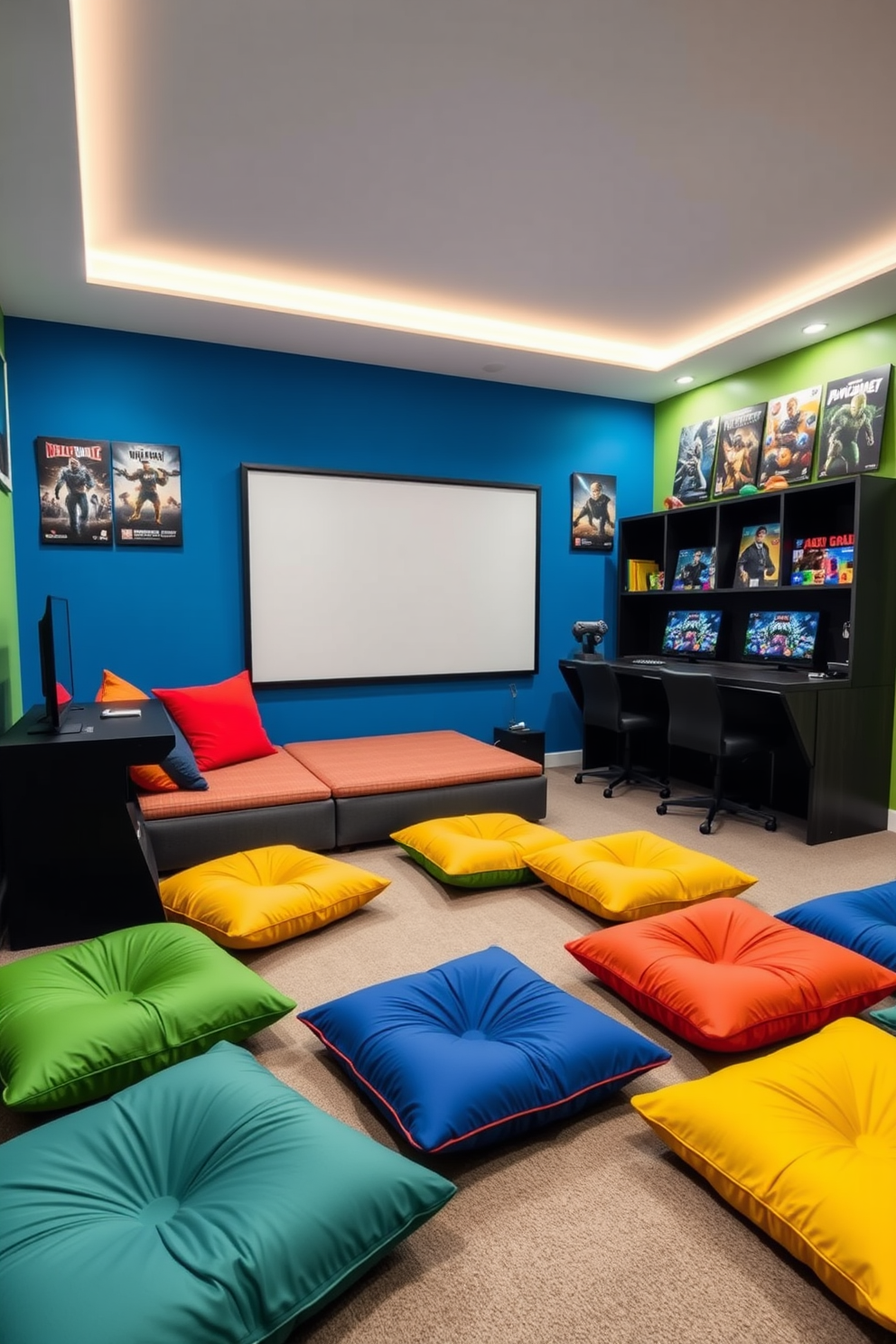 A vibrant game room designed for boys featuring colorful floor cushions scattered around for casual gaming sessions. The walls are adorned with posters of popular video games and the flooring is a soft carpet that adds comfort for long hours of play.