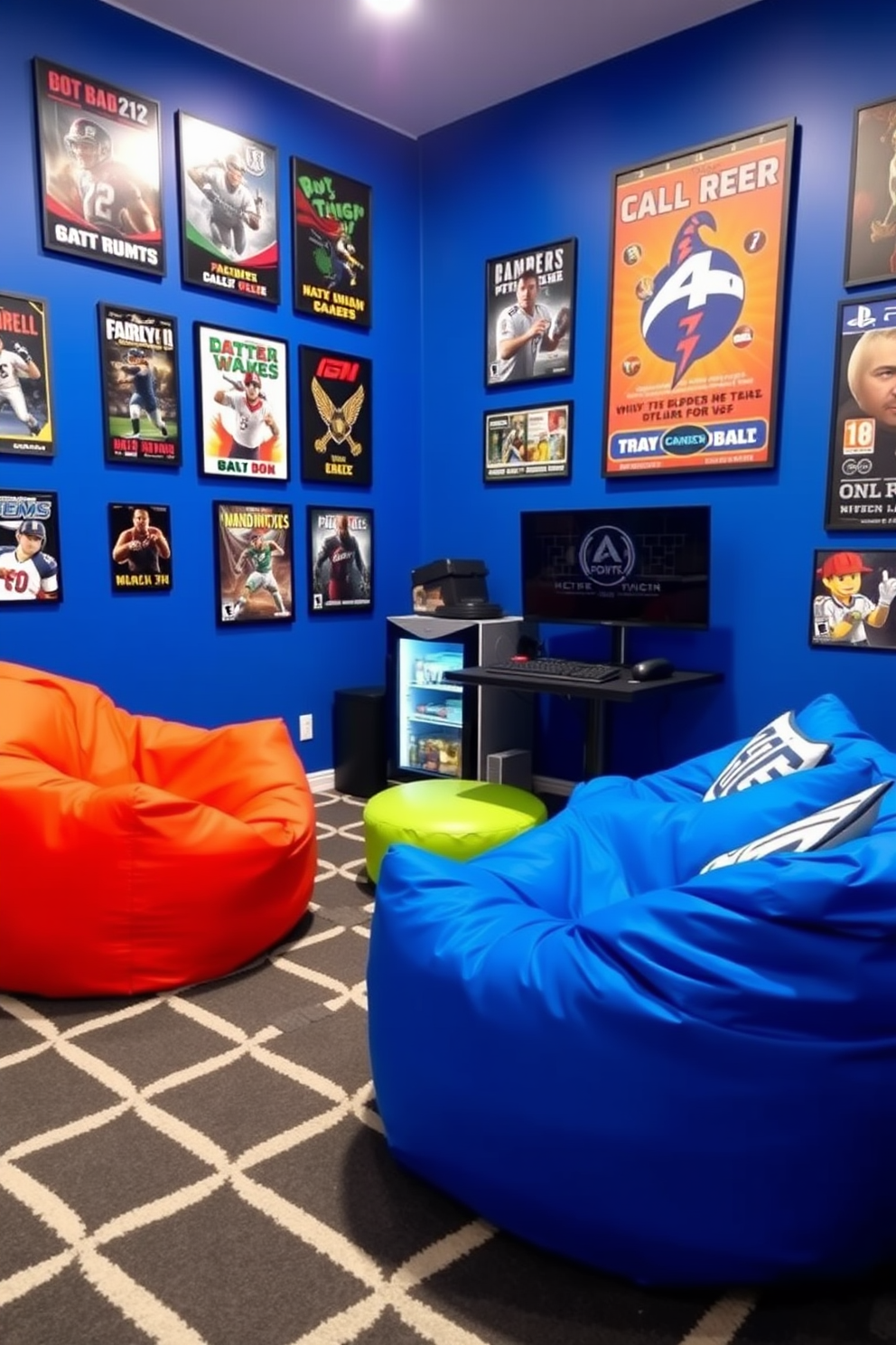 A vibrant boys game room featuring a mini fridge conveniently placed in the corner for snacks and drinks. The walls are painted in a bold blue color, adorned with posters of favorite video games and sports teams. Comfortable bean bag chairs in bright colors are arranged around a large gaming console setup. A stylish rug with a geometric pattern anchors the space, creating a fun and inviting atmosphere for gaming and relaxation.