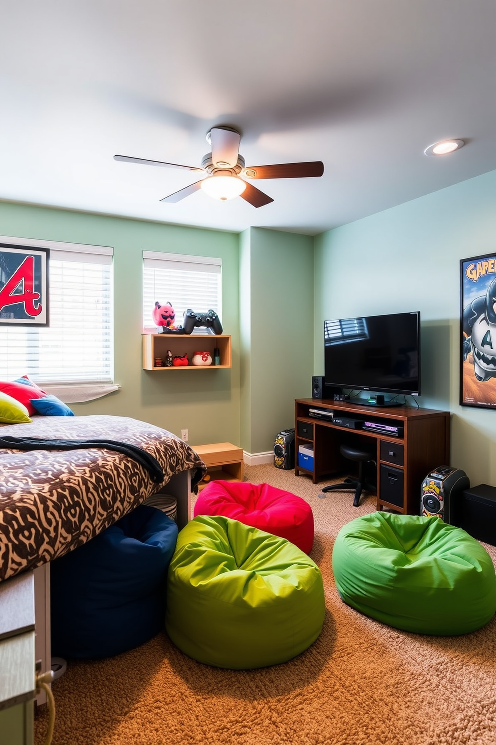 A vibrant boys game room featuring under-bed storage designed for games and accessories. The room is filled with colorful bean bags and a large gaming console setup against one wall.