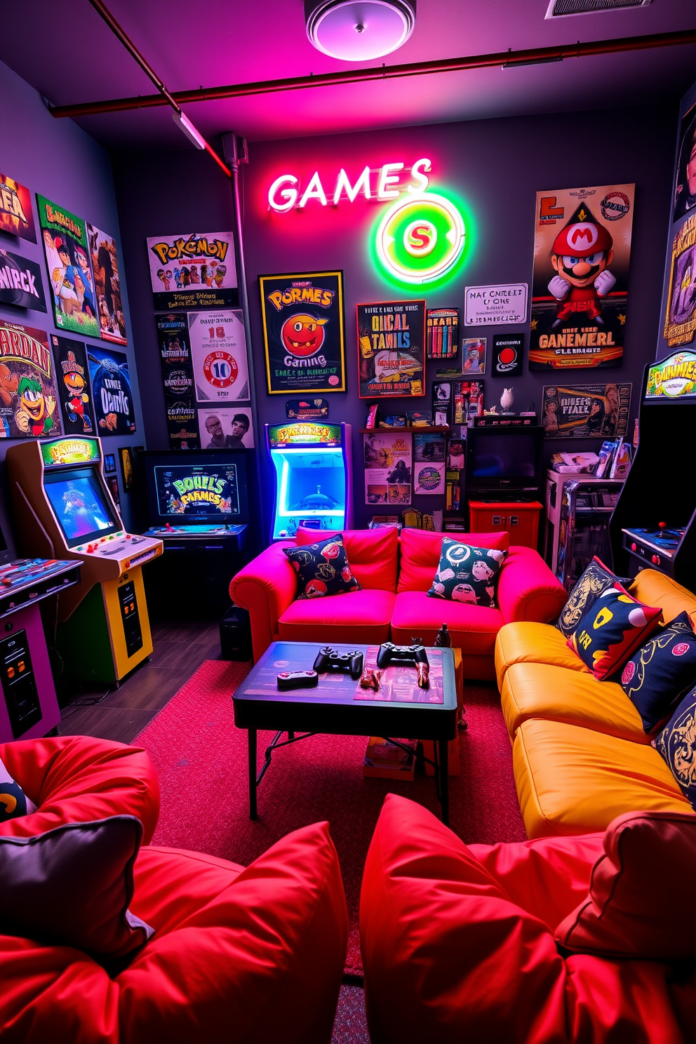 A vibrant boys game room filled with retro arcade machines and vintage decor. The walls are adorned with colorful posters of classic video games, and a neon sign illuminates the space with a playful glow. The room features a plush gaming sofa in bright colors, surrounded by bean bag chairs for a relaxed atmosphere. A vintage coffee table sits at the center, displaying game controllers and snacks for an inviting gaming experience.