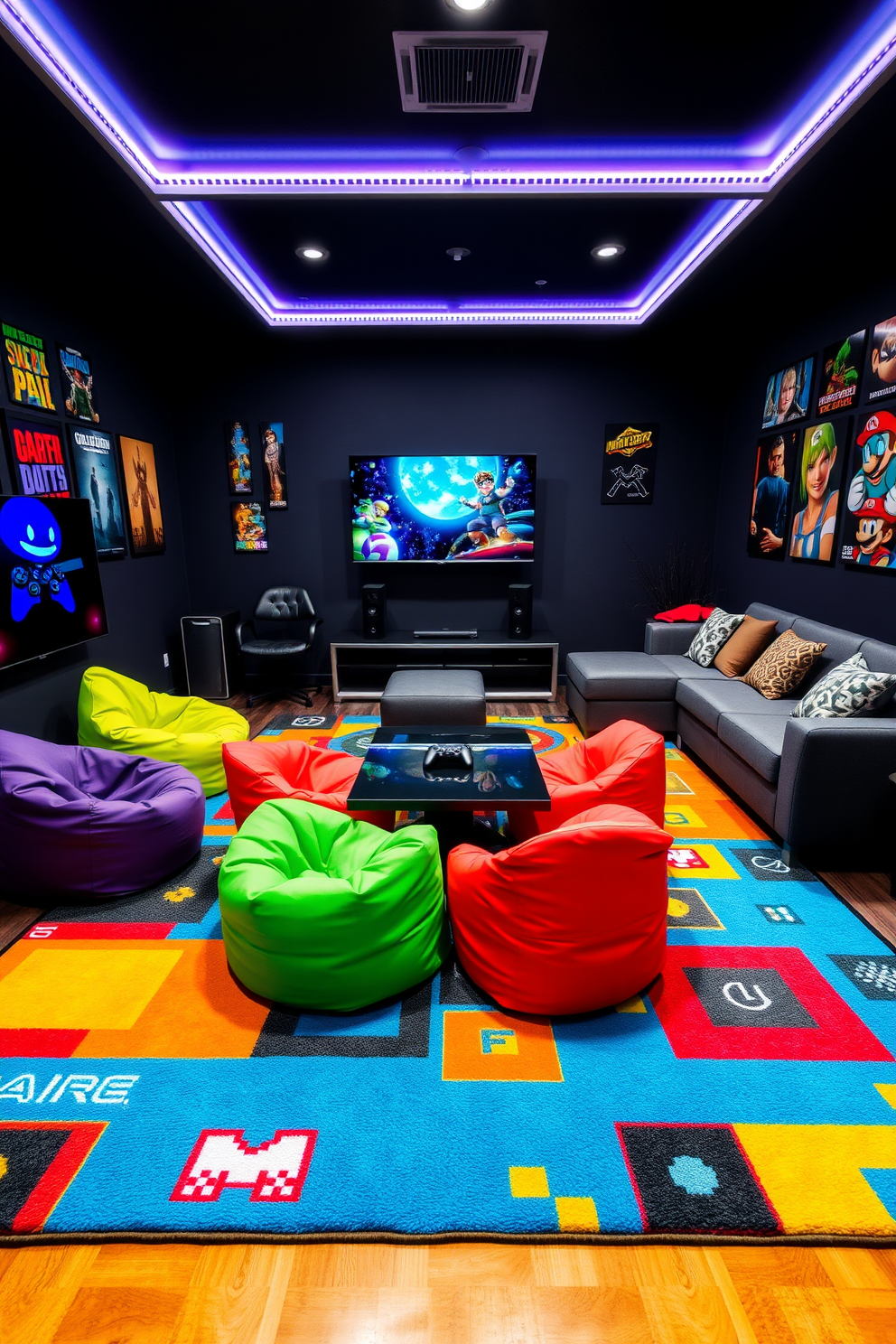 A vibrant game room designed for boys, featuring a large area rug with a colorful gaming theme that includes pixelated graphics and iconic game characters. The walls are adorned with posters of popular video games, and a comfortable sectional sofa provides ample seating for friends. In the center of the room, a coffee table is surrounded by bean bag chairs in bright colors, creating a casual and inviting atmosphere. A gaming console sits on a sleek media unit, and LED strip lights illuminate the space, enhancing the overall gaming vibe.