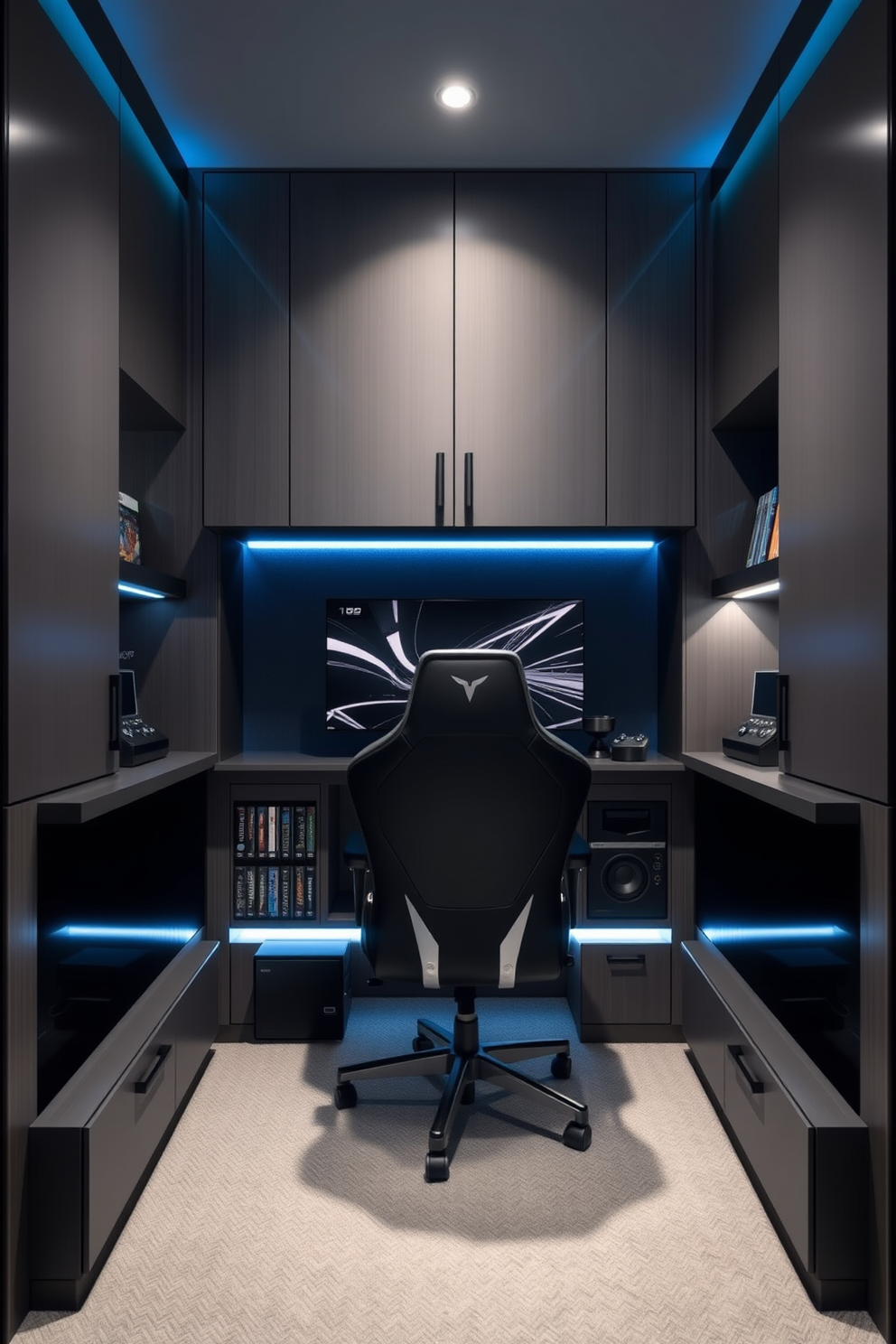 A custom-built gaming nook featuring sleek cabinetry designed to minimize distractions. The walls are adorned with soundproof panels, and a large ergonomic gaming chair is positioned in front of a high-resolution monitor. Soft LED lighting accents the space, creating an immersive atmosphere for gaming sessions. Shelves are filled with gaming memorabilia and neatly organized game titles, enhancing the room's personalized touch.