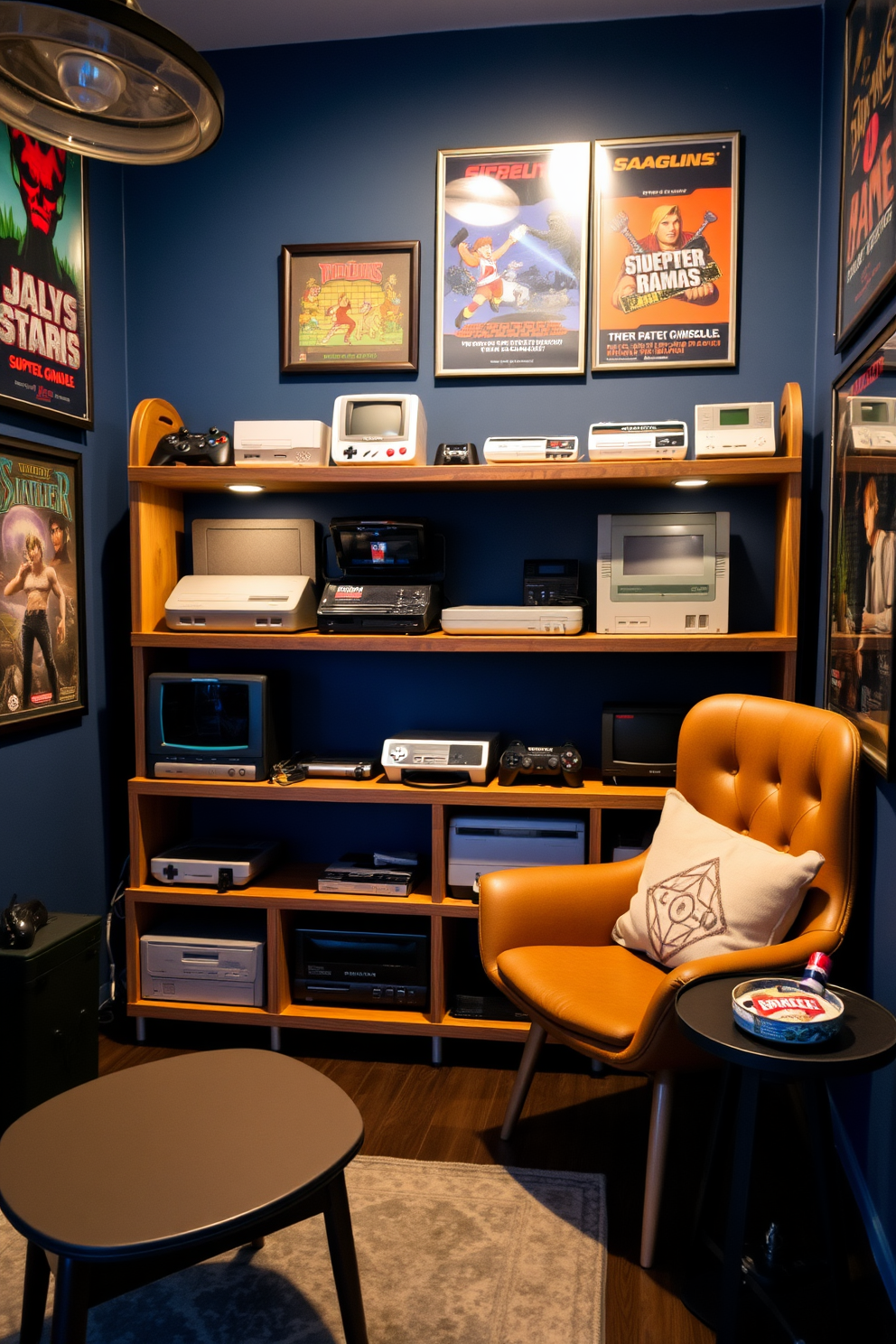 A vintage gaming console display area features a stylish wooden shelf that showcases an array of classic consoles and games. The walls are painted in a deep blue hue, and retro posters of iconic games adorn the space, creating a nostalgic atmosphere. The room includes a comfortable gaming chair with plush cushions and a small coffee table for snacks and drinks. Soft ambient lighting highlights the display while a patterned rug adds warmth to the floor.