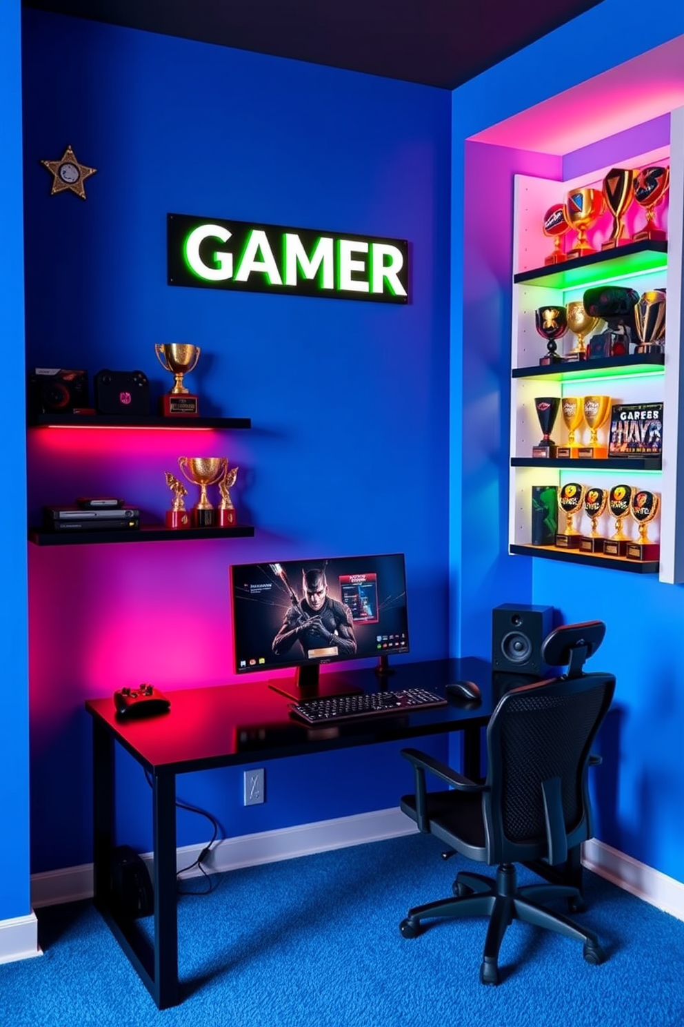 A personalized gamer name sign hangs prominently above a sleek black desk in a vibrant boys game room. The walls are painted in a bold blue, complemented by shelves filled with gaming trophies and colorful LED lights that create an energetic atmosphere.