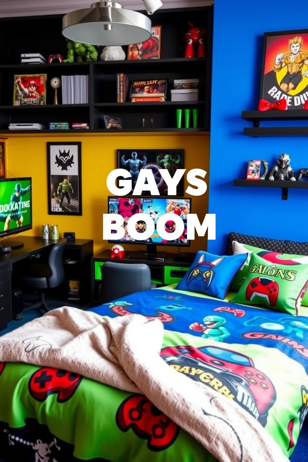 Create a vibrant boys game room that features game-themed bedding with bold colors and playful patterns. The bedding should include designs inspired by popular video games, complemented by matching throw pillows and a cozy blanket. Incorporate a gaming console area with a large screen and comfortable seating for an immersive experience. Add wall art that reflects the gaming theme, such as framed posters of iconic game characters and shelves displaying game memorabilia.