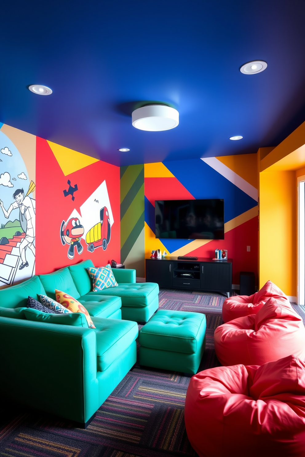 Bright accent walls in vibrant colors create an energizing atmosphere for a boys game room. The walls are adorned with playful murals and bold geometric patterns, adding excitement and personality to the space. A large sectional sofa in a fun color provides ample seating for friends and family. The room features a gaming console area with a sleek entertainment unit and comfortable bean bag chairs for a relaxed vibe.