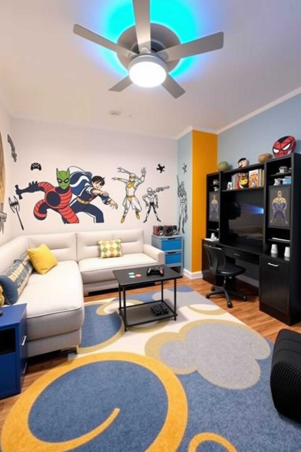 A stylish game room designed for boys featuring multi-functional furniture. The room includes a fold-out sofa bed that doubles as a seating area and a gaming console station with built-in storage. The walls are painted in vibrant colors with wall decals of popular video game characters. A large area rug provides a cozy space for playing games, while a compact table serves as both a gaming surface and a study area.