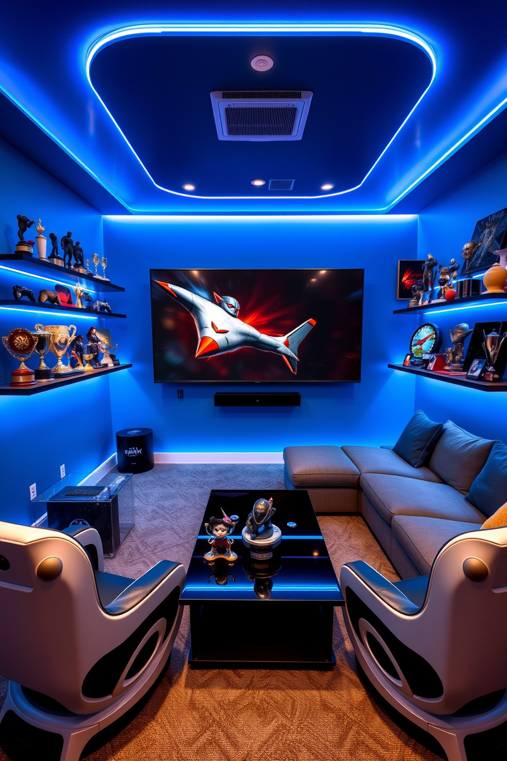 A vibrant game room featuring sleek display shelves filled with various gaming trophies and collectibles. The walls are painted in a bold blue hue, and a comfortable sectional sofa is arranged for optimal viewing of the large screen. The room is accented with LED strip lighting that highlights the trophies and creates an energetic atmosphere. A stylish coffee table sits in the center, surrounded by gaming chairs that invite friends to join in the fun.