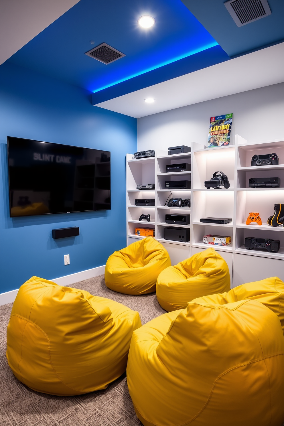 A vibrant virtual reality corner designed for a boys game room. The space features a large wall-mounted screen, comfortable bean bag chairs in bright colors, and shelves filled with gaming consoles and accessories.