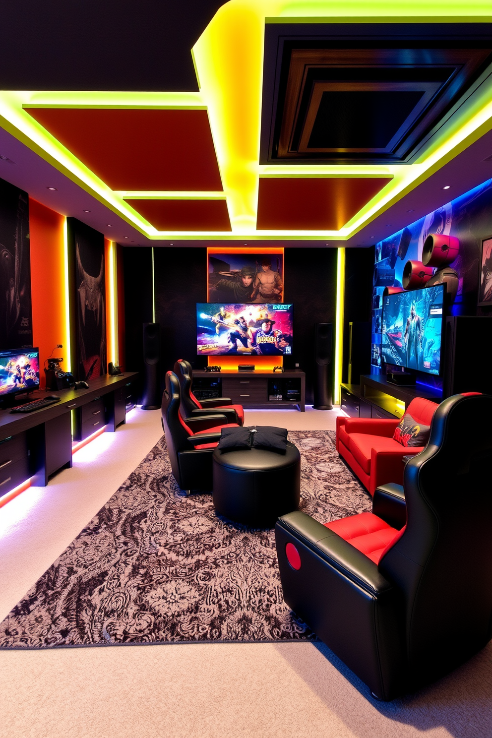 A dynamic boys game room featuring a state-of-the-art sound system seamlessly integrated into the walls for immersive audio experiences. The room is filled with gaming consoles, a large screen TV, and comfortable seating arrangements designed for long gaming sessions. The walls are adorned with vibrant colors and gaming-themed artwork, creating an energetic atmosphere. Soft LED lighting enhances the mood while a plush rug adds comfort underfoot for a perfect gaming environment.