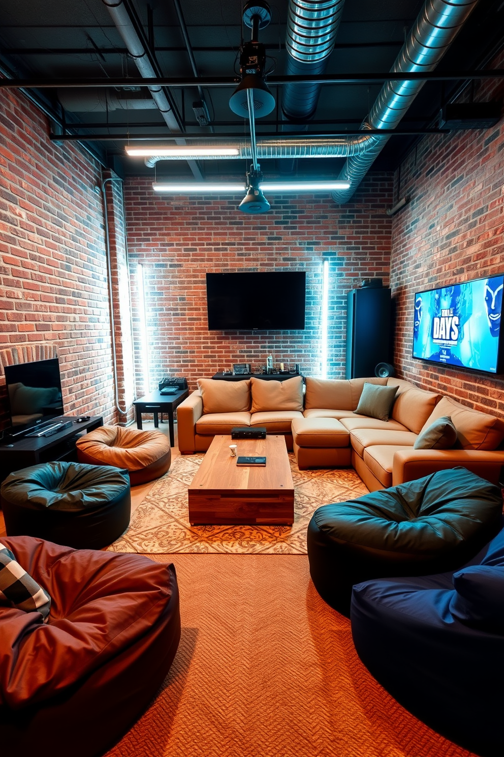 An industrial style boys game room features exposed brick walls that add a rugged charm to the space. The room is filled with comfortable seating, including a large sectional sofa and bean bags, creating a relaxed atmosphere for gaming and socializing. A large wooden coffee table sits in the center, surrounded by gaming consoles and board games. Bright LED lights illuminate the room, enhancing the energetic vibe and making it perfect for late-night gaming sessions.