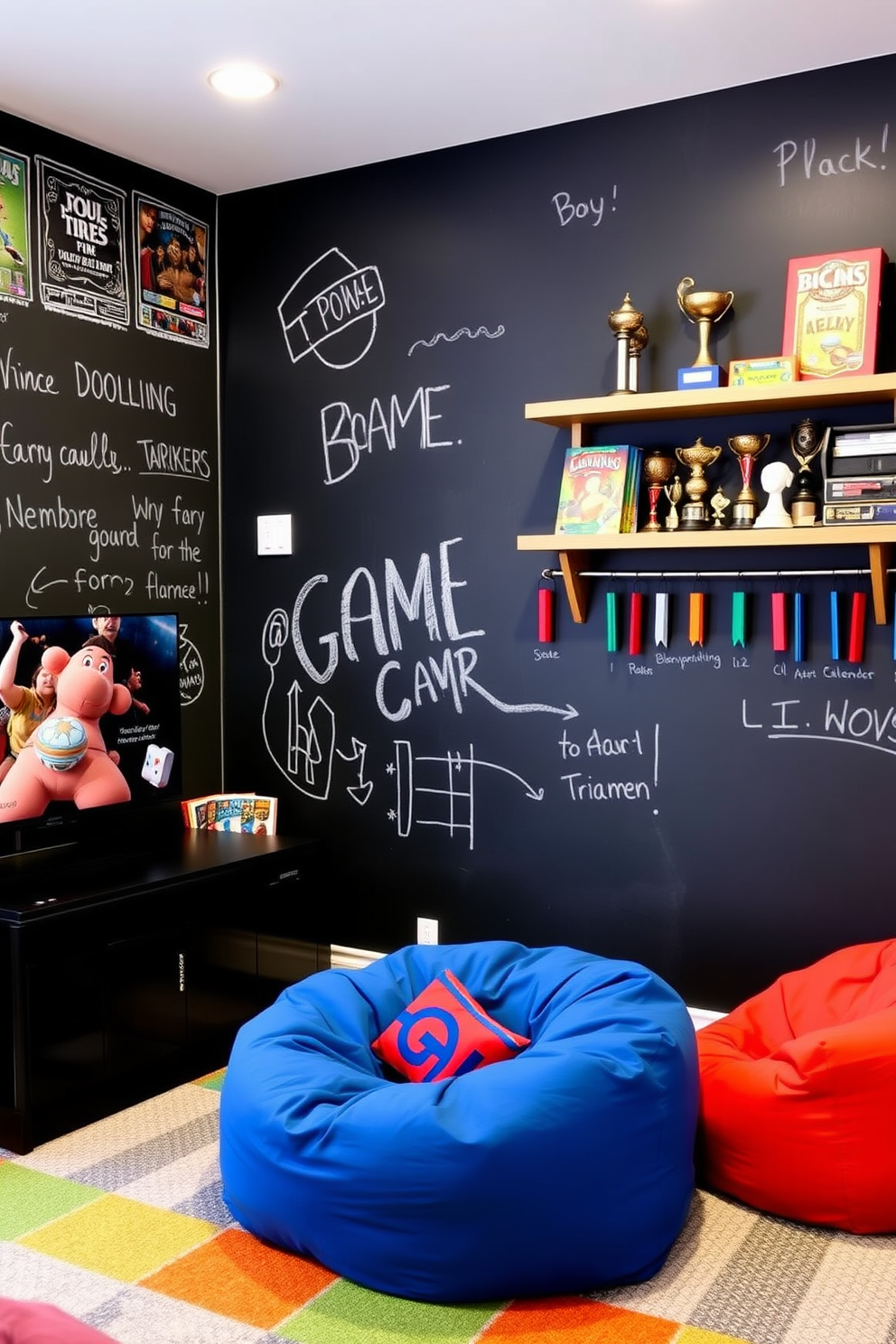 A vibrant boys game room featuring a chalkboard wall that encourages creativity and doodling. The space is filled with colorful bean bags, a large gaming console, and wall-mounted shelves displaying board games and trophies.