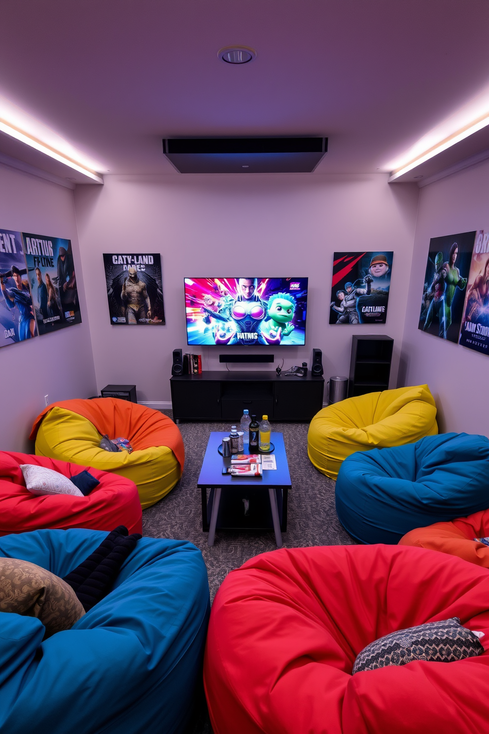 Cozy bean bag lounge area for gaming. The room features oversized bean bags in vibrant colors arranged around a low coffee table with snacks and drinks. The walls are adorned with posters of popular video games and a large flat-screen TV is mounted for gaming sessions. Soft LED strip lights illuminate the space, creating an inviting atmosphere for friends to gather and play.