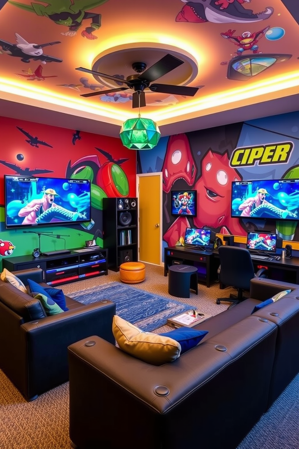 Create a vibrant boys game room that features themed wall murals inspired by popular video games. The room should include comfortable seating, a large gaming console setup, and colorful decor that reflects the gaming theme.