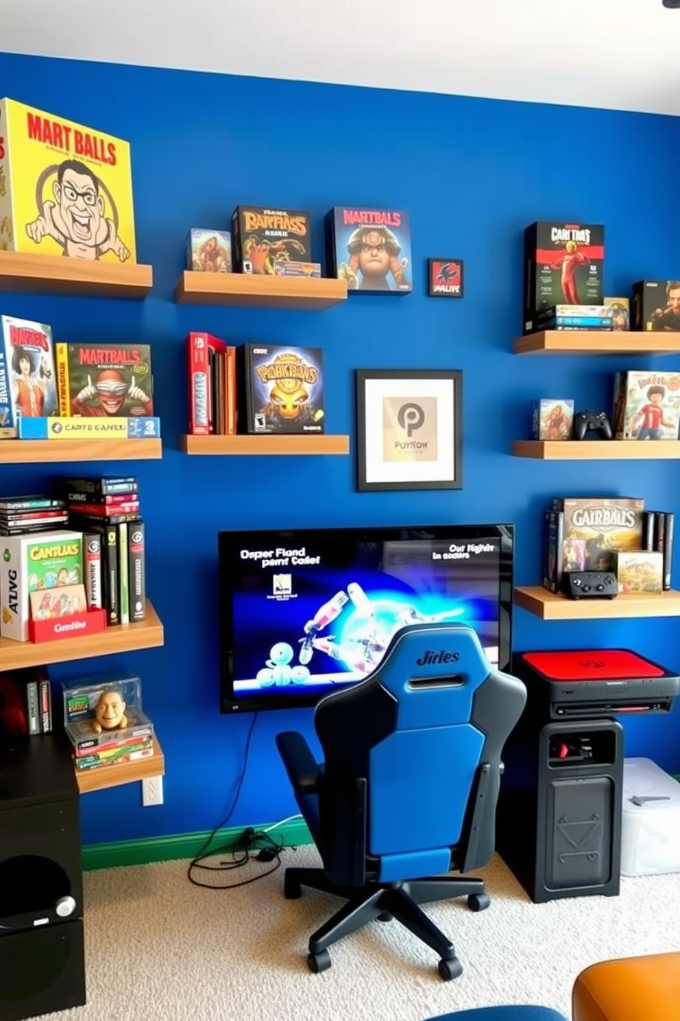 A vibrant game room designed for boys features floating shelves that showcase a variety of board games, video games, and collectibles. The walls are painted in a bold blue hue, and a comfortable gaming chair is positioned in front of a large screen for an immersive gaming experience.