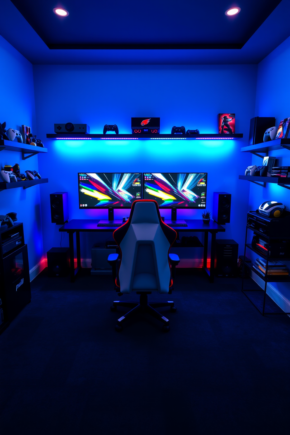 A vibrant game room designed for boys featuring a dual monitor setup that enhances the immersive gameplay experience. The walls are painted in a bold blue color, and the floor is covered with a soft, dark carpet for comfort during long gaming sessions. In the center, a large gaming desk holds two sleek monitors, surrounded by colorful LED lighting that adds energy to the space. A comfortable gaming chair sits in front of the desk, while shelves on the walls display an array of gaming consoles and memorabilia.