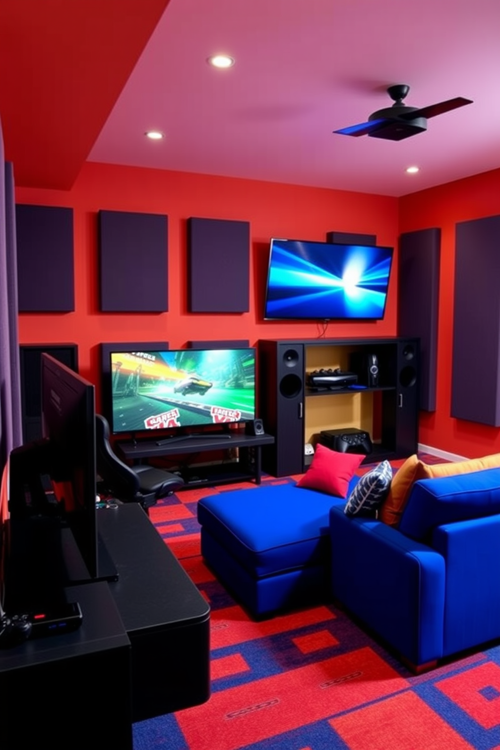 A vibrant boys game room featuring soundproofing panels on the walls to minimize noise. The room includes a large sectional sofa in a bold color, a gaming console setup, and a wall-mounted TV for an immersive gaming experience.