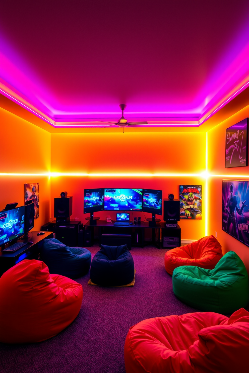 A vibrant boys game room filled with energy and excitement. Colorful LED strip lighting illuminates the walls and ceiling, creating a dynamic atmosphere. The room features a large gaming console setup with multiple screens and comfortable bean bag chairs. Brightly colored posters of popular video games decorate the walls, adding to the playful theme.