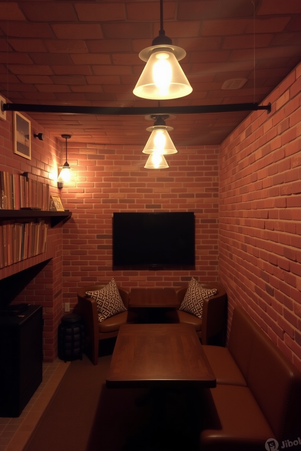 A cozy brick basement with an exposed brick wall that showcases its rustic charm. Warm lighting fixtures are strategically placed to create an inviting atmosphere throughout the space.