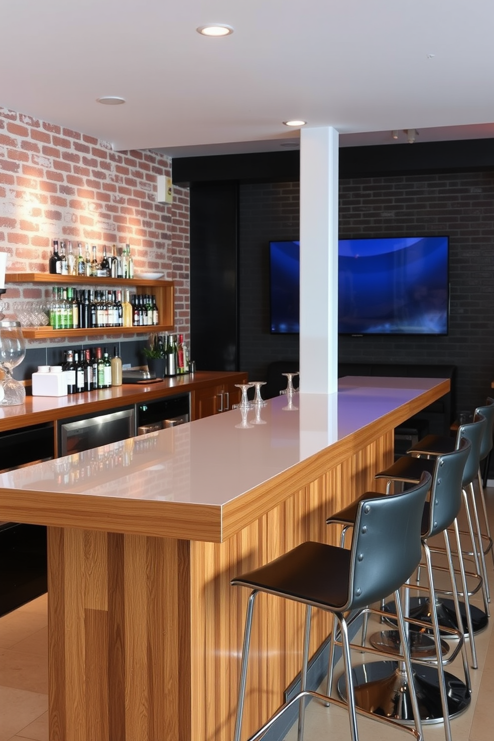 A modern bar area featuring sleek finishes and minimalist design elements. The bar is crafted from polished wood with a high-gloss countertop, complemented by stylish bar stools with metal accents. In the background, exposed brick walls add character to the space, enhancing the contemporary aesthetic. Soft ambient lighting creates an inviting atmosphere, perfect for entertaining guests.