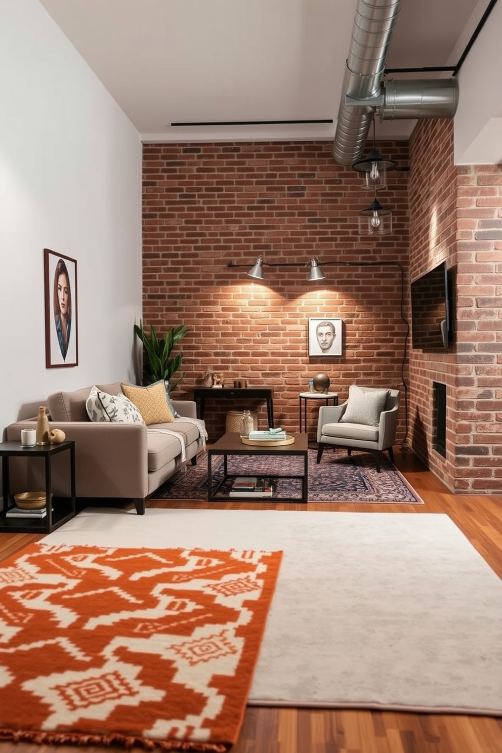 Layered rugs in a cozy living room create a sense of warmth and texture. The top rug features a bold geometric pattern while the bottom rug is a soft, neutral solid color, adding depth to the space. A brick basement design combines rustic charm with modern functionality. Exposed brick walls provide a striking backdrop for comfortable furniture and stylish lighting fixtures, making the space inviting and unique.