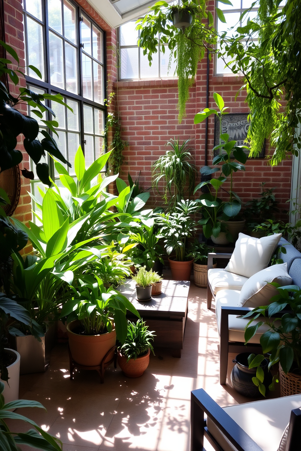 A serene indoor garden filled with various lush green plants creates a refreshing atmosphere. The sunlight filters through large windows, casting gentle shadows on the floor. The brick basement features exposed red brick walls that add character and warmth to the space. Cozy seating arrangements with soft cushions and a rustic coffee table invite relaxation and socializing.