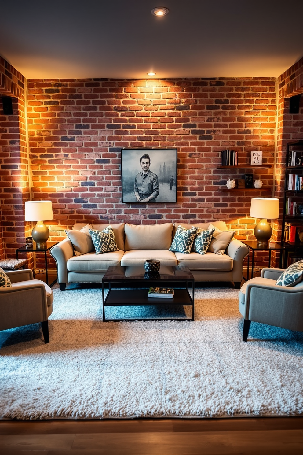 A cozy and inviting sectional sofa is placed in the center of a stylish brick basement. The sofa is upholstered in a soft fabric with plush cushions, surrounded by warm lighting and decorative throw pillows for added comfort. The exposed brick walls create a rustic charm, complemented by a modern coffee table in front of the sofa. Soft area rugs add warmth to the space, while strategically placed shelves display books and decorative items, enhancing the overall ambiance.