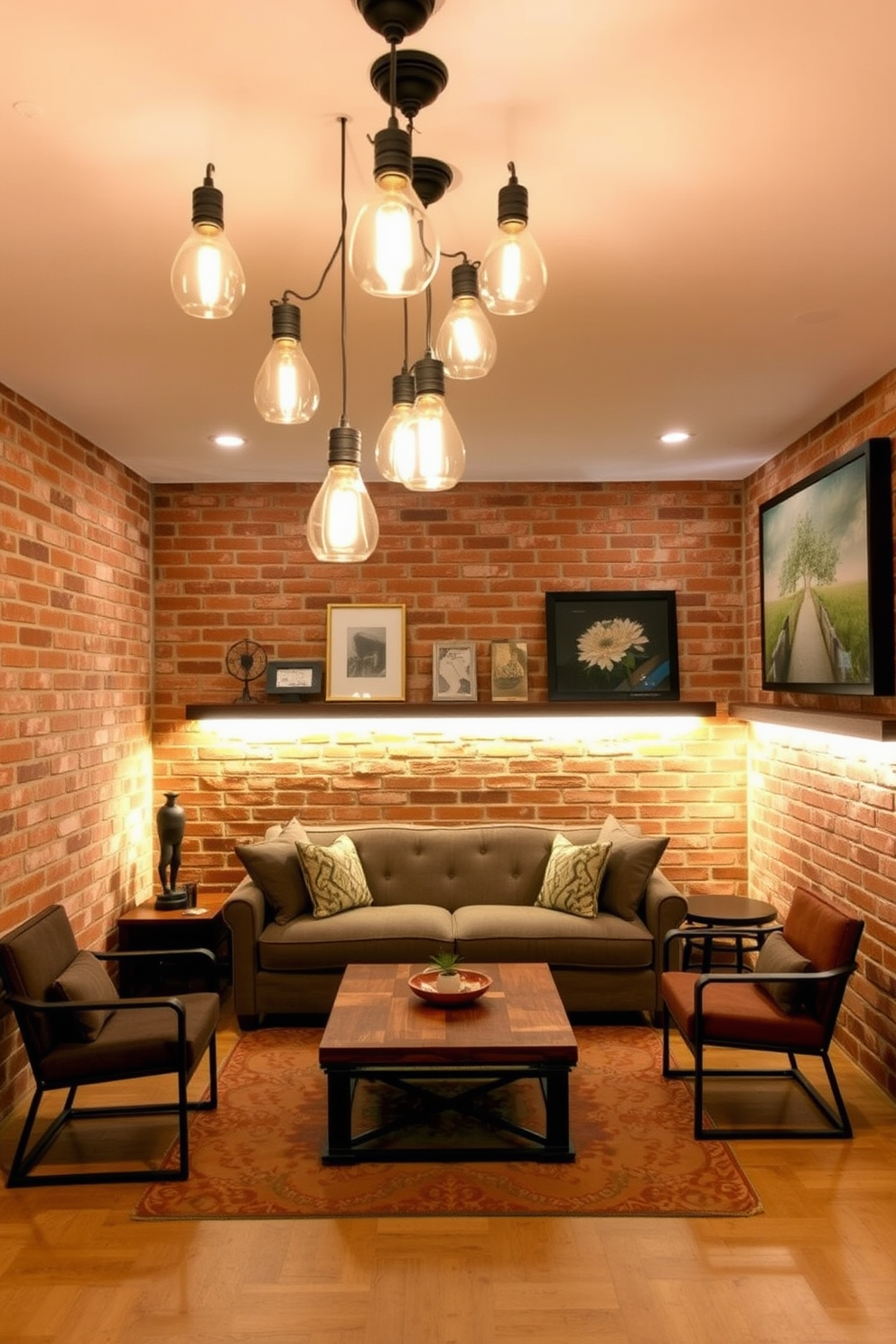 Creative lighting fixtures for ambiance. A cluster of pendant lights hangs from the ceiling, casting a warm glow over a cozy seating area. The fixtures feature a mix of metal and glass elements, creating an elegant contrast. Soft LED strip lights are installed along the shelves, highlighting decorative items and adding a modern touch. Brick basement design ideas. The walls are exposed brick, creating a rustic yet inviting atmosphere. A comfortable sectional sofa is placed in the center, surrounded by a reclaimed wood coffee table and industrial-style accent chairs.