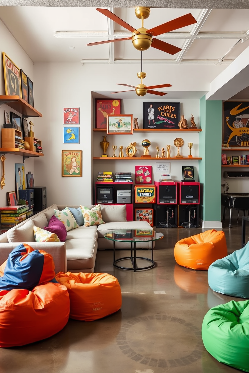 A vibrant game area featuring colorful decor elements. The walls are adorned with playful artwork and shelves filled with board games and trophies. The flooring is a polished concrete that adds an industrial touch. Comfortable seating options include a large sectional sofa and bean bags scattered around for a relaxed vibe.