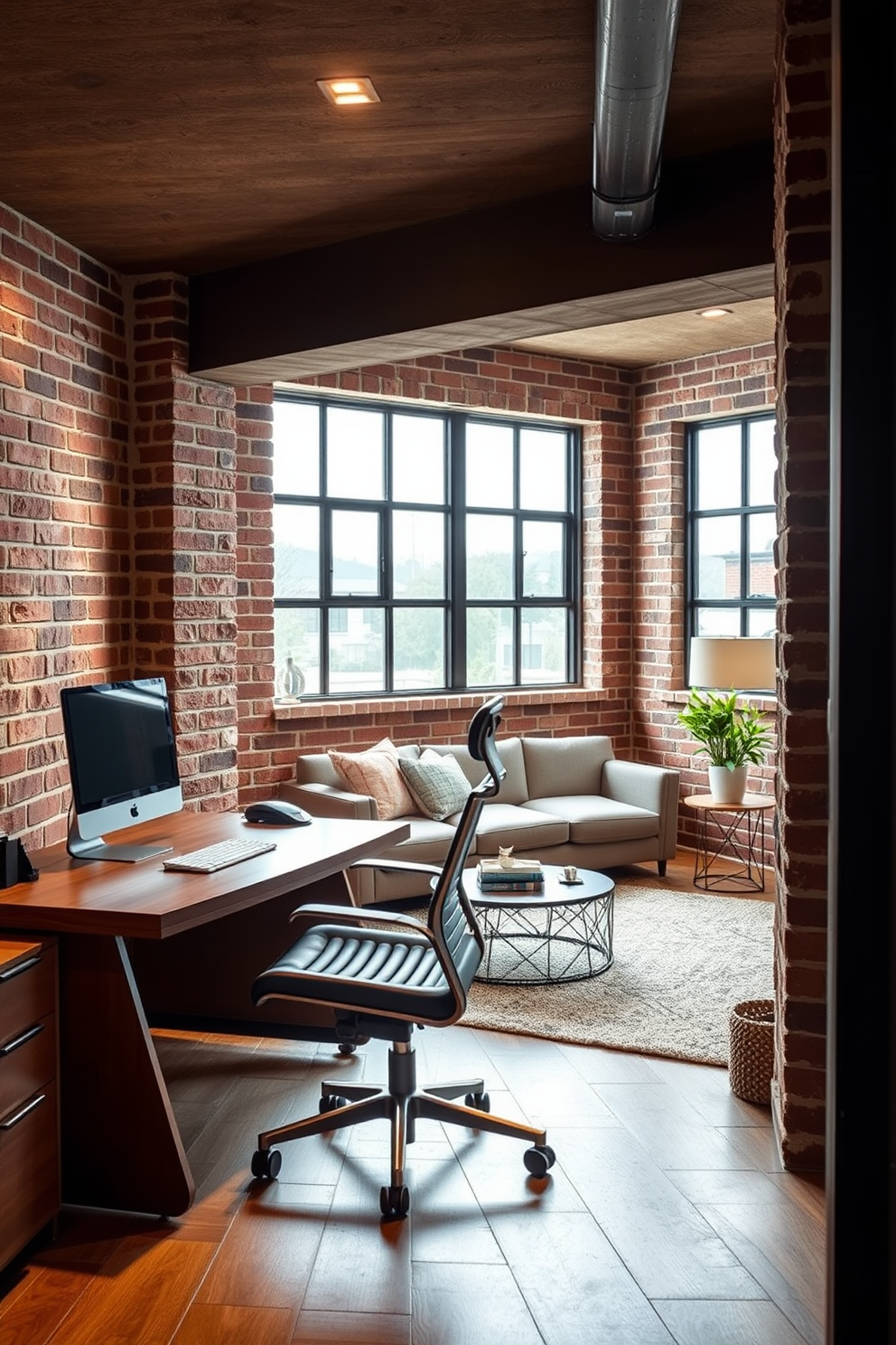 A stylish home office featuring a brick backdrop. The room includes a sleek wooden desk with a comfortable ergonomic chair and a large window that allows natural light to flood the space. Brick basement design ideas that create a cozy yet modern atmosphere. The area is furnished with a sectional sofa, a coffee table, and ambient lighting that highlights the textured brick walls.