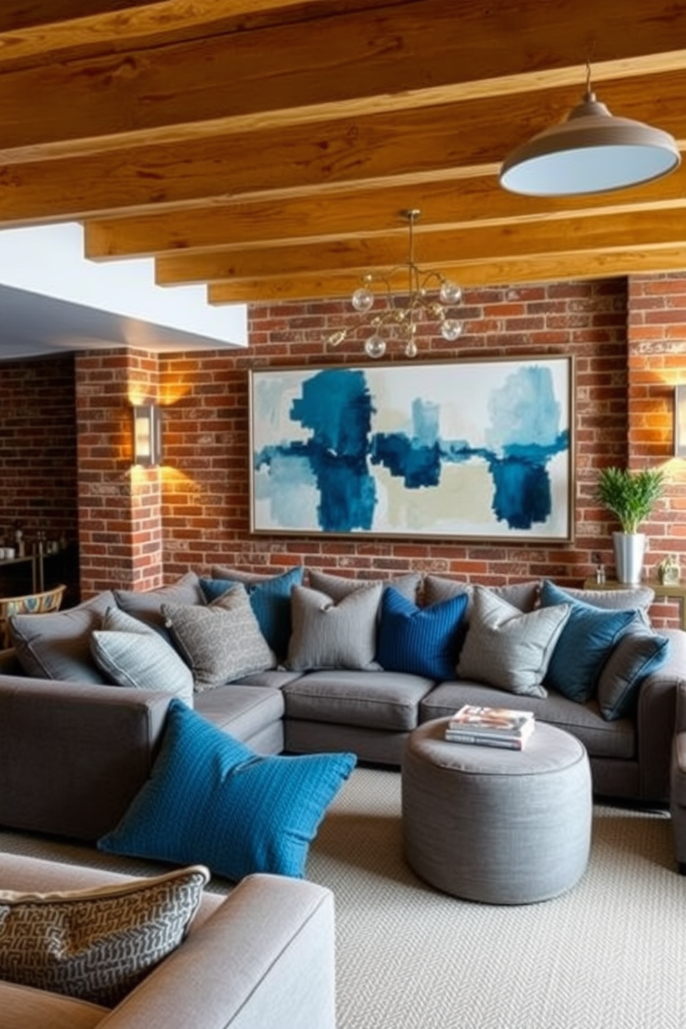 Textured cushions in varying shades of blue and gray are scattered across a plush sectional sofa, creating a cozy and inviting atmosphere. A large, abstract painting hangs above the sofa, adding a pop of color and artistic flair to the space. The brick basement features exposed red brick walls that provide a rustic charm, complemented by warm wooden beams on the ceiling. Soft lighting fixtures are strategically placed to illuminate the area, highlighting a stylish bar cart and comfortable seating arrangements.