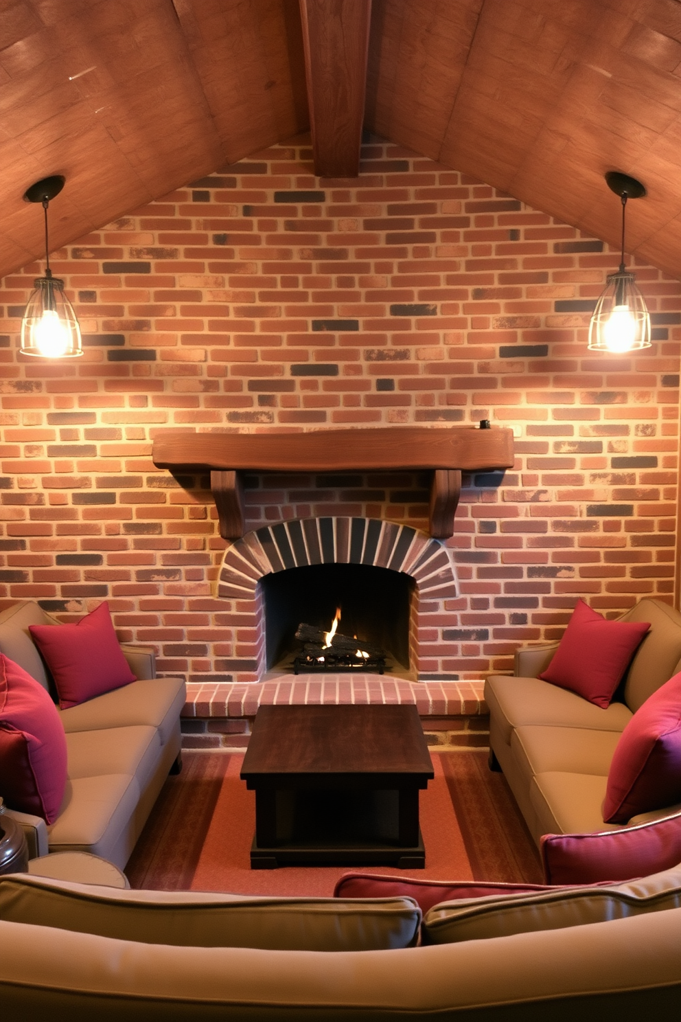 A cozy brick basement featuring a prominent fireplace as the focal point of the room. The fireplace is surrounded by a rustic wooden mantel, with comfortable seating arranged in a semi-circle to create an inviting gathering space. The walls are adorned with exposed brick, enhancing the warm and homey atmosphere. Soft ambient lighting fixtures hang from the ceiling, casting a gentle glow across the room and highlighting the rich textures of the furnishings.