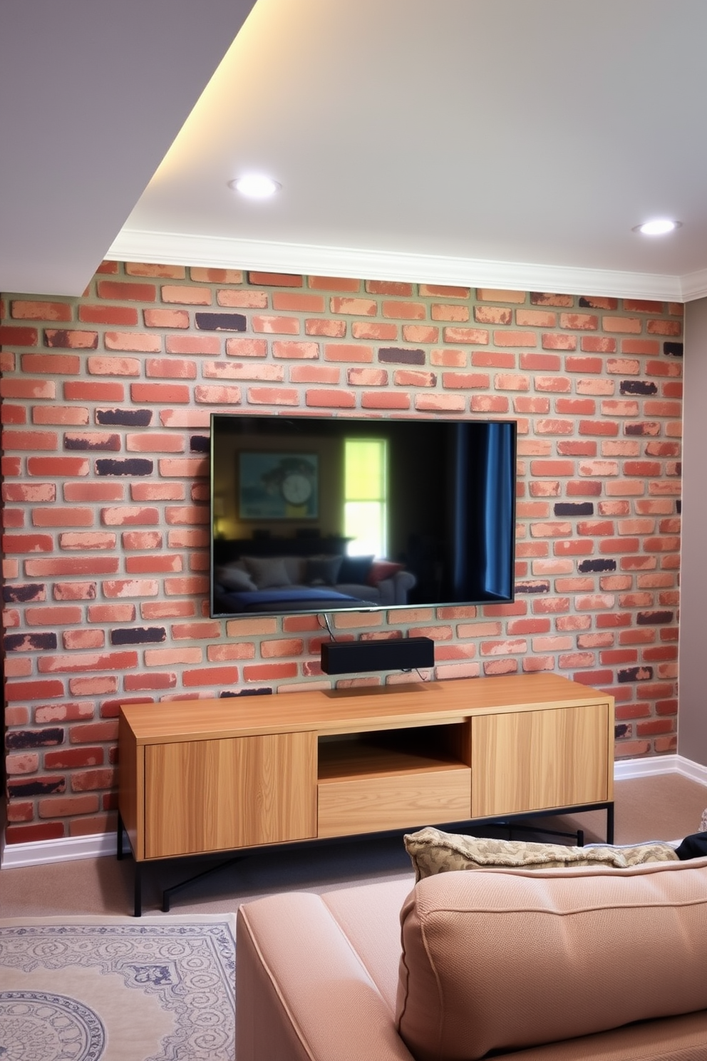 A sleek wall-mounted TV is centered on a feature wall made of exposed brick, creating a modern yet rustic ambiance. Below the TV, a low-profile media console in a natural wood finish complements the brick while providing storage space. The basement features cozy seating with a sectional sofa upholstered in a neutral fabric, inviting relaxation. Soft ambient lighting is integrated into the ceiling, enhancing the warm atmosphere of the space.