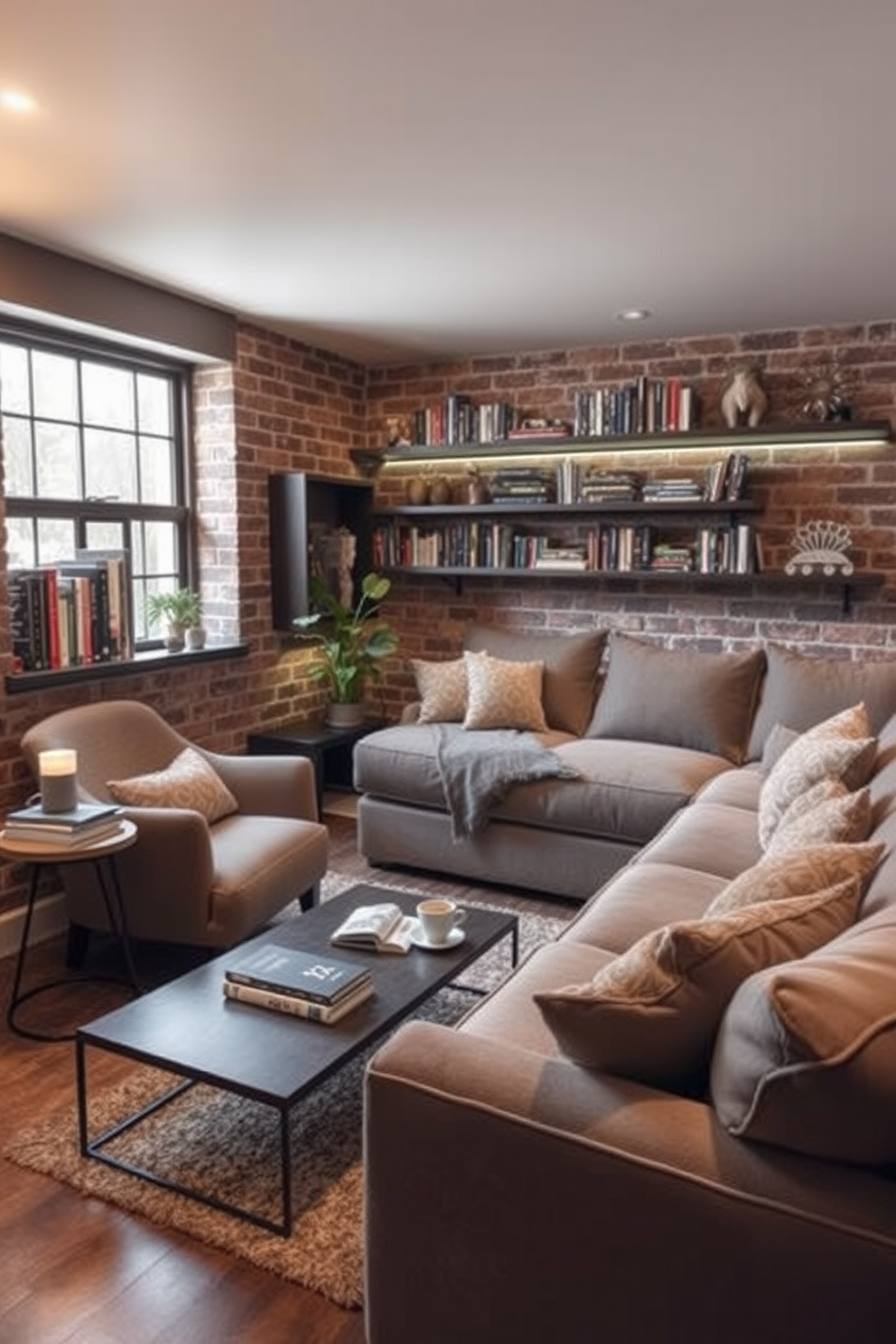 Cozy reading nook with plush seating. A comfortable armchair upholstered in soft fabric is positioned next to a large window, allowing natural light to filter in. A small side table holds a stack of books and a steaming cup of tea. The walls are adorned with shelves filled with various novels and decorative items, creating a warm and inviting atmosphere. Brick basement design ideas. The space features exposed brick walls that add character and warmth, complemented by soft ambient lighting. A stylish sectional sofa is arranged around a modern coffee table, creating an ideal spot for relaxation and entertainment.