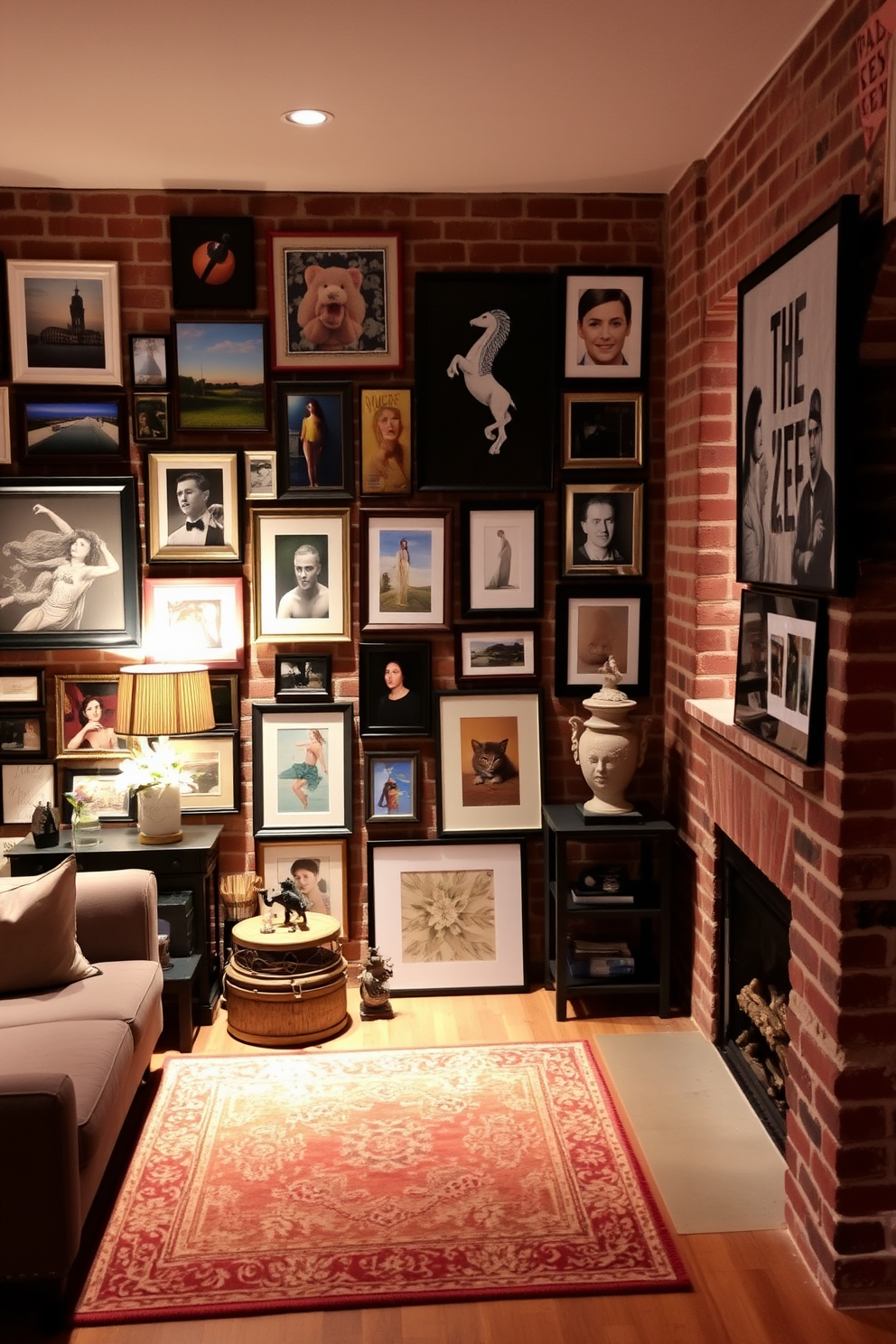 A gallery wall showcasing personal art is a vibrant display of creativity and individuality. The wall is adorned with a mix of framed paintings, photographs, and unique sculptures, creating an eclectic yet harmonious look. The brick basement features a cozy lounge area with comfortable seating and warm lighting. Exposed brick walls add character, while a stylish rug anchors the space, making it inviting and perfect for relaxation.