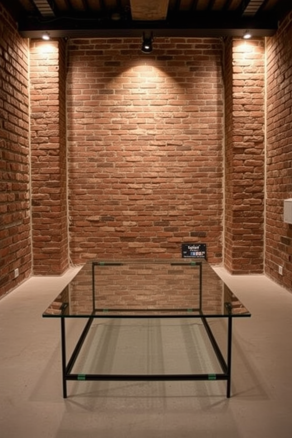 A sleek glass coffee table sits elegantly in the center of a modern brick basement. The surrounding walls are exposed brick, creating a warm yet industrial atmosphere, while soft lighting highlights the unique textures of the space.