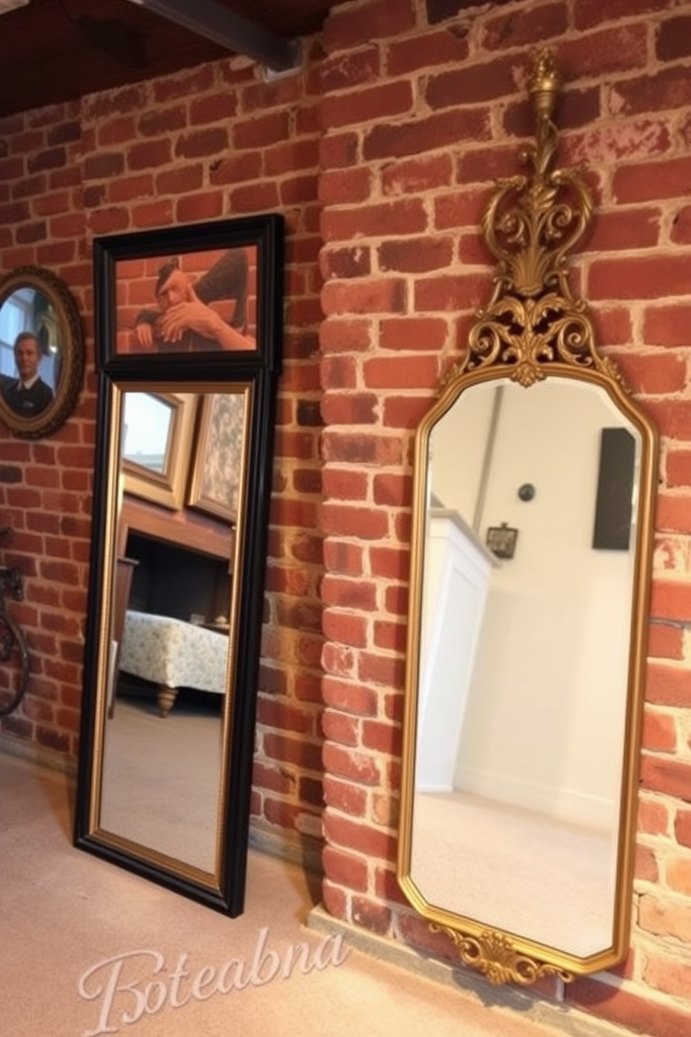 A cozy brick basement features vintage mirrors strategically placed to enhance the sense of space. The warm tones of the exposed brick walls are complemented by the reflections from the mirrors, creating an inviting atmosphere.