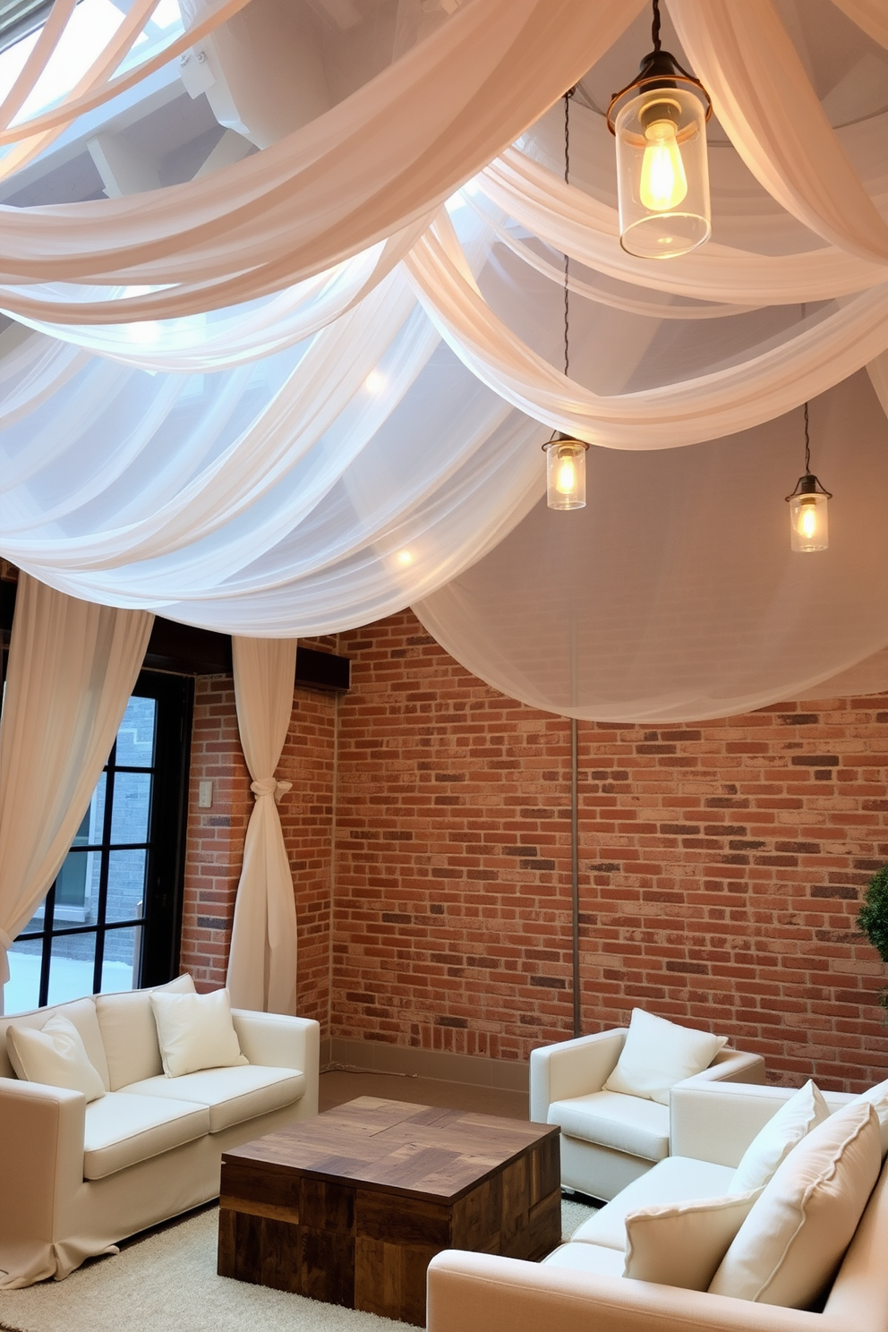 Soft drapery cascades elegantly from the ceiling, filtering natural light to create a warm and inviting ambiance. The fabric is a light beige, complementing the rustic charm of the exposed brick walls. The basement features a comfortable seating area with plush sofas and a coffee table made of reclaimed wood. Ambient lighting fixtures hang from the ceiling, enhancing the cozy atmosphere while highlighting the unique architectural elements of the space.