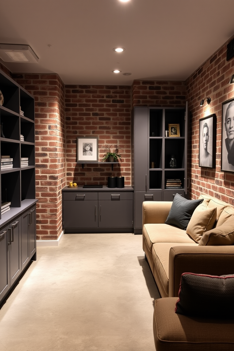 A stylish brick basement features functional storage solutions seamlessly integrated into the design. Built-in shelving units line the walls, showcasing decorative items and providing ample space for organization. The flooring is a polished concrete, adding an industrial touch, while soft lighting highlights the textured brick walls. A cozy seating area with plush sofas invites relaxation, creating a perfect balance between utility and comfort.