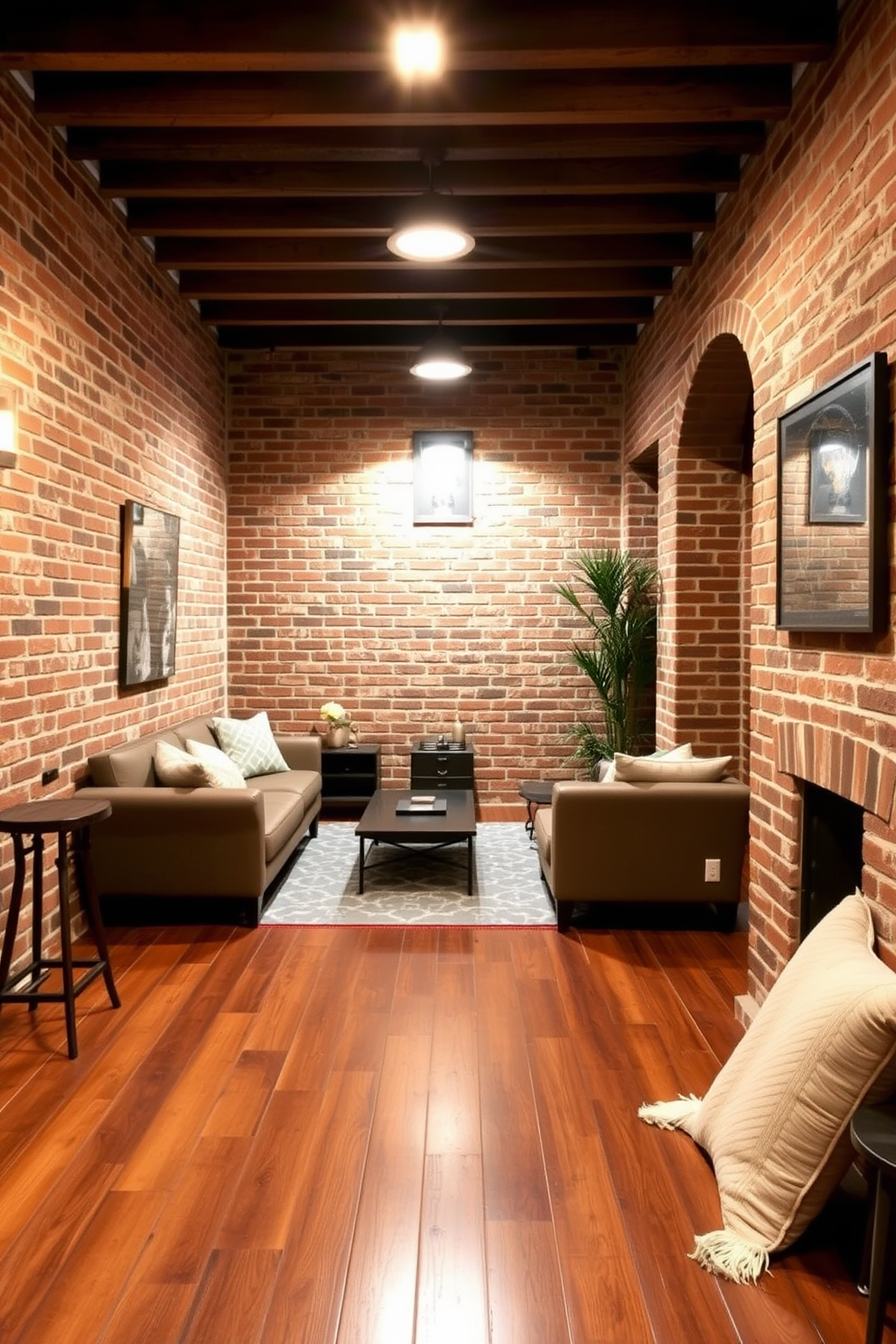 A stylish brick basement design featuring exposed brick walls that add character and warmth to the space. The flooring is a rich hardwood that contrasts beautifully with the brick, creating a cozy yet modern atmosphere. Incorporate a comfortable seating area with plush sofas and a coffee table, perfect for entertaining guests. Soft lighting fixtures are strategically placed to enhance the ambiance while highlighting the unique brick texture.