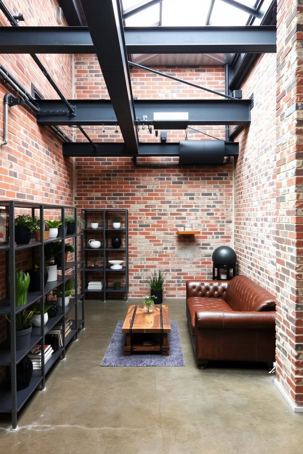 An industrial style basement featuring exposed brick walls and metal accents throughout the space. The floor is polished concrete, and large metal beams support the ceiling, creating an open and airy feel. In one corner, a sleek metal shelving unit displays various decorative items and plants. A cozy seating area includes a leather sofa and a reclaimed wood coffee table, enhancing the rustic charm of the design.