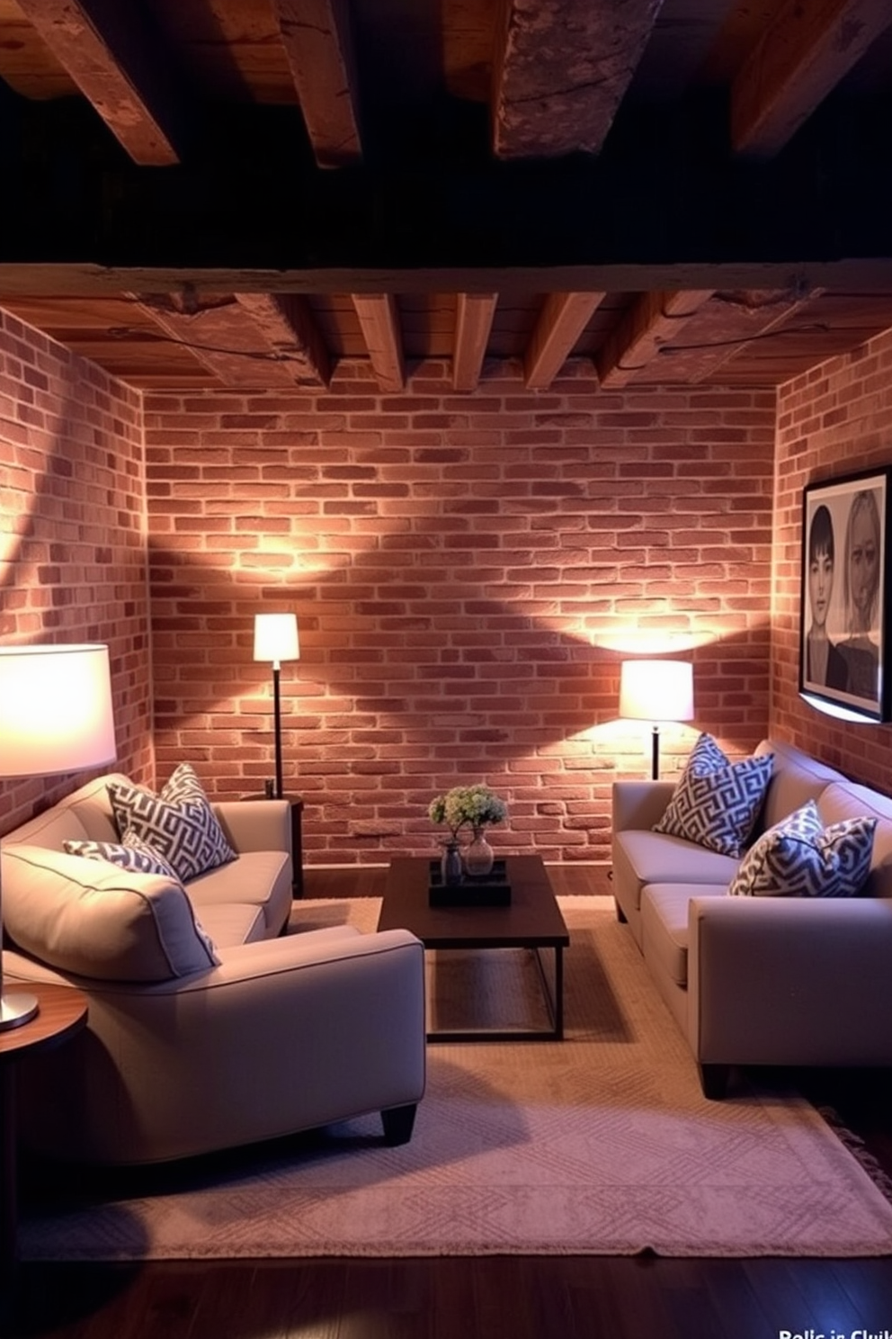 A cozy brick basement retreat designed for evening relaxation. Soft mood lighting illuminates the space, highlighting the warm tones of the exposed brick walls and creating an inviting atmosphere. Plush seating options are arranged around a low coffee table, perfect for casual gatherings. A stylish area rug adds texture, while strategically placed floor lamps provide gentle illumination throughout the room.