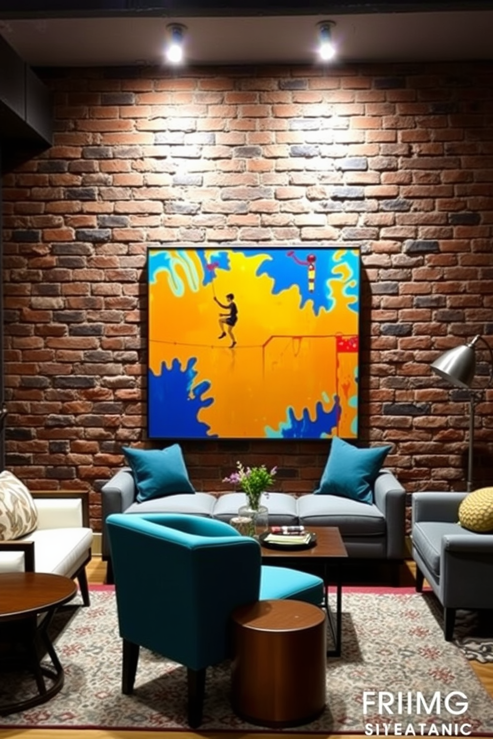 Bright artwork against a rugged brick backdrop creates a striking focal point in the space. The combination of vibrant colors and the textured surface of the brick adds depth and character to the basement design. Incorporating a mix of modern and vintage furniture enhances the eclectic feel of the room. Soft lighting fixtures can further accentuate the artwork while providing a warm and inviting atmosphere.